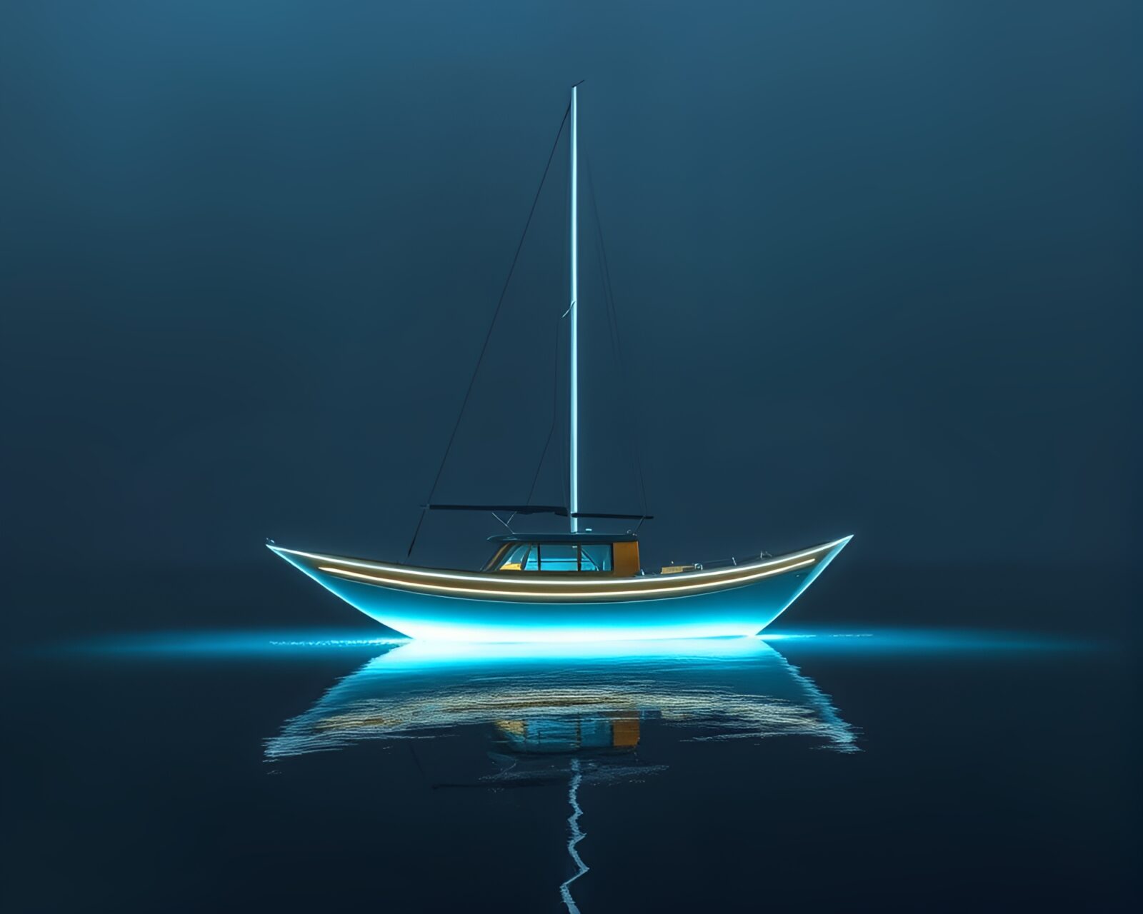 Electric blue hydrofoil boat glowing in the night