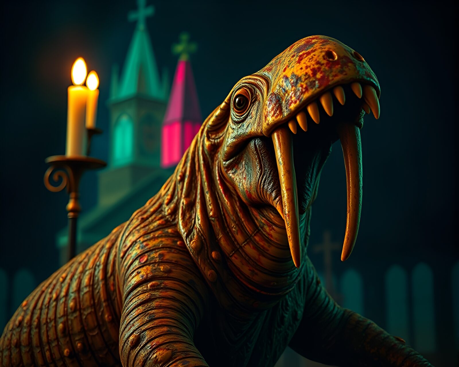 A majestic walrus illuminated by neon lights in a serene church setting with rust stains