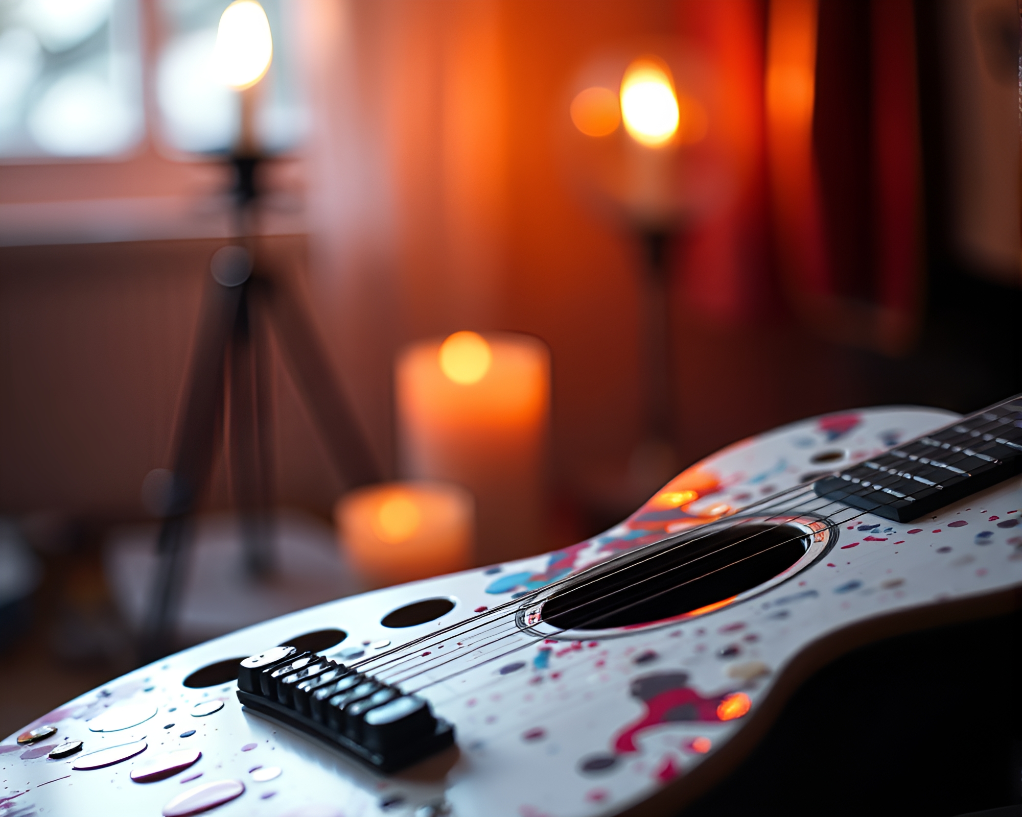 Torn Paper Guitar in Candlelit Paint Splatter Scene – free AI stock image