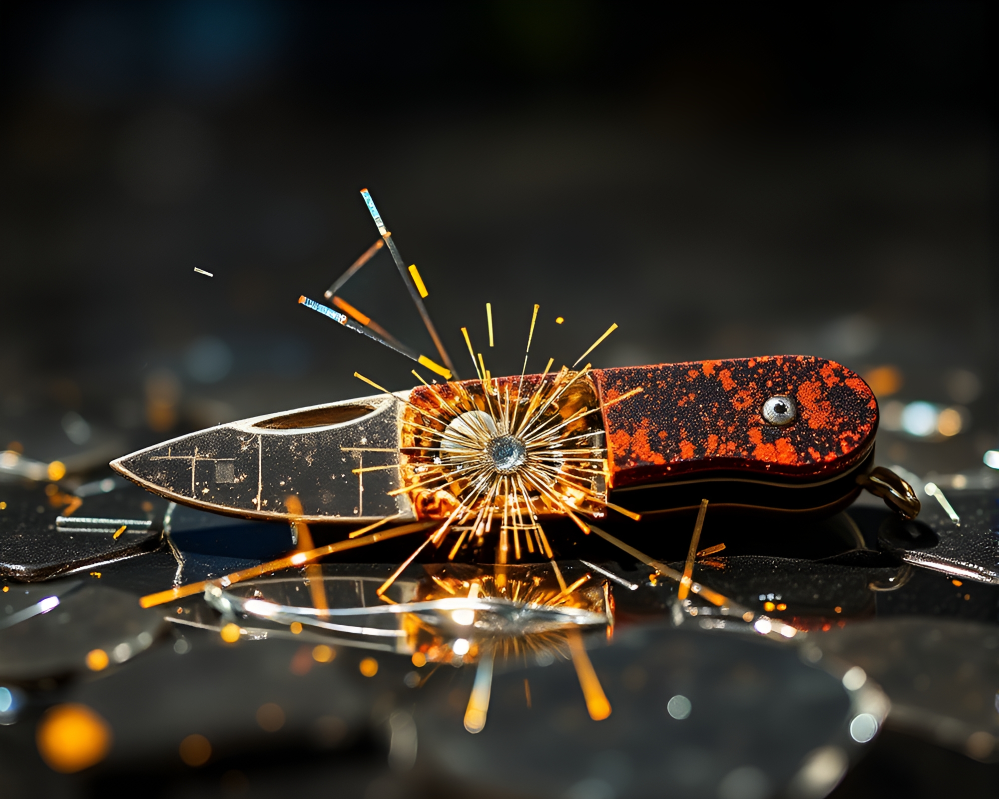 Rusty Pocketknife Broken Glass Reflection Kinetic Art – free AI stock image