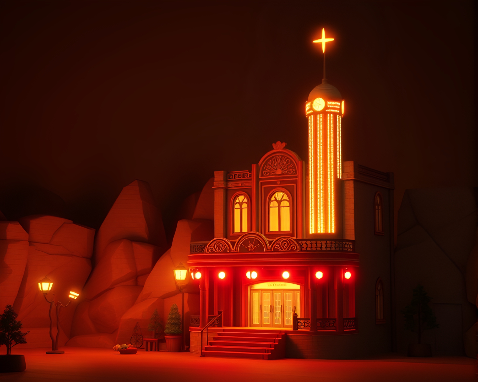Valley Shadows in Voxel Opera-House Illumination – free AI stock image