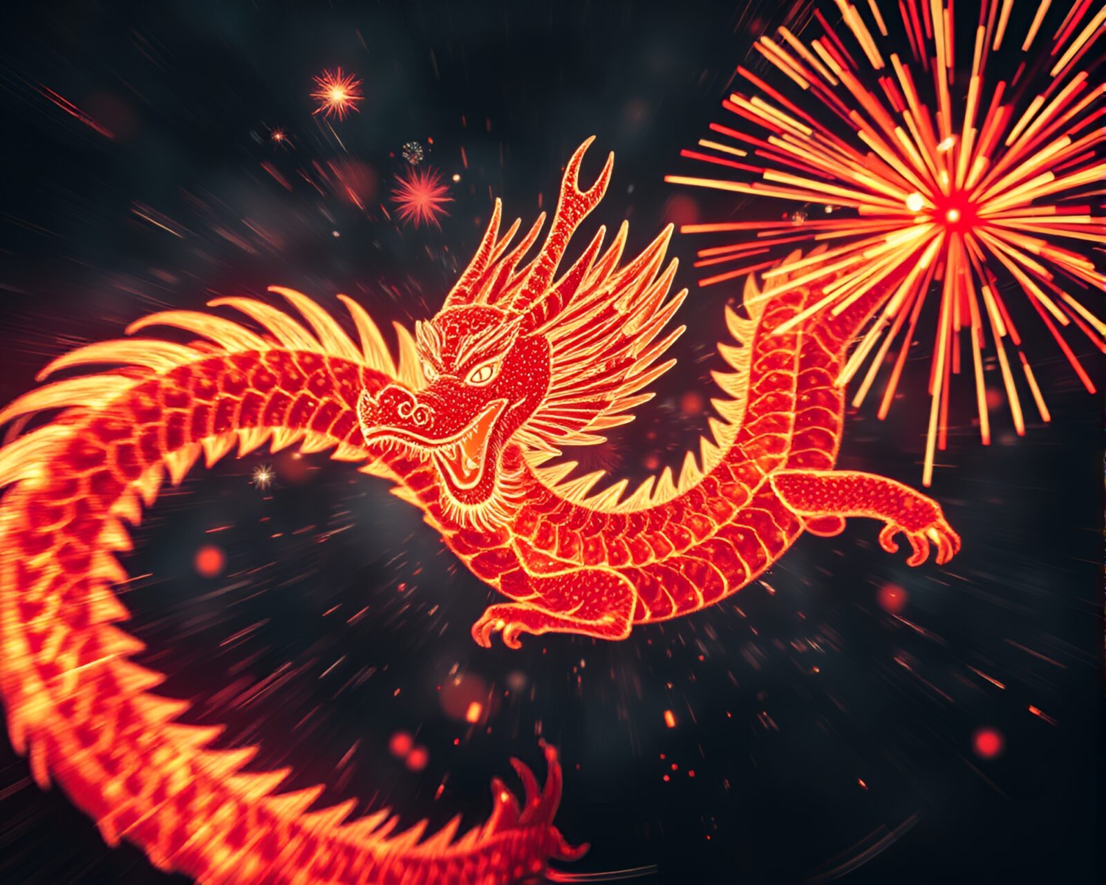 Grisaille painting of celestial dragon surrounded by glowing festival fireworks
