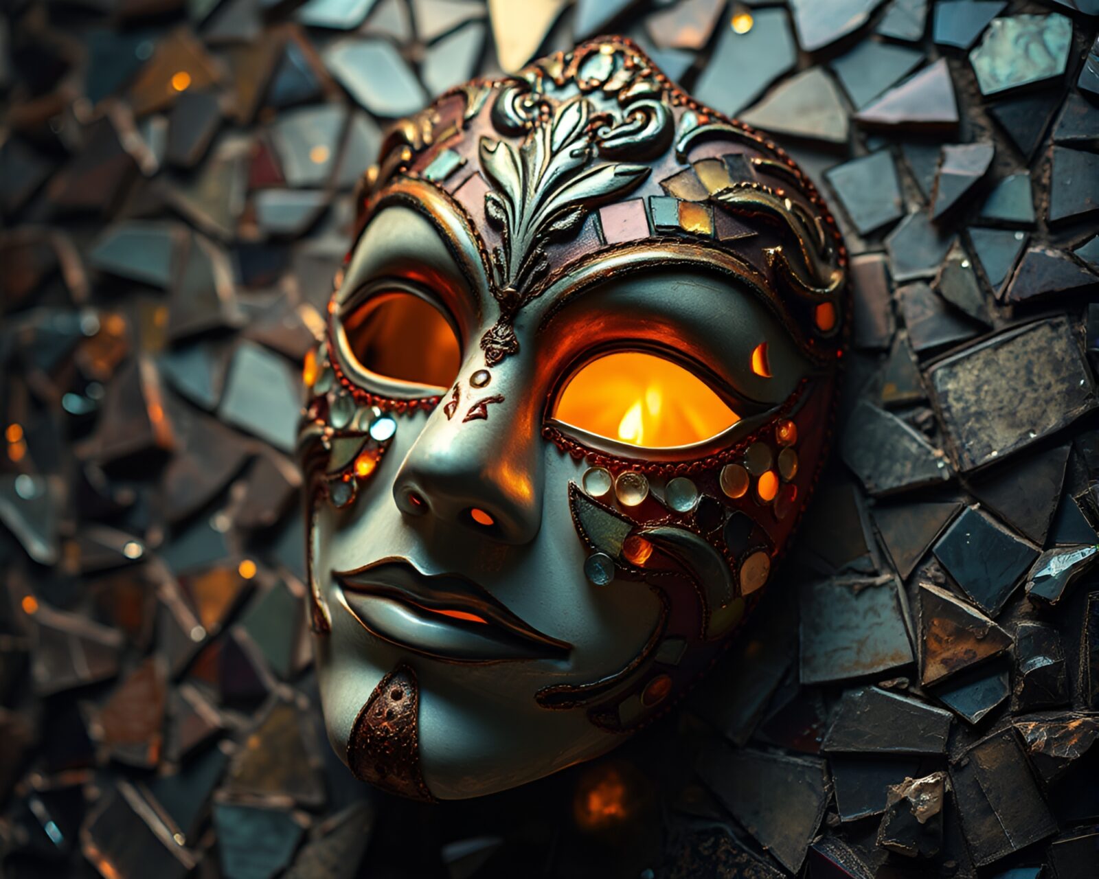 Intricate broken mosaic pieces arranged around a glowing Venetian mask