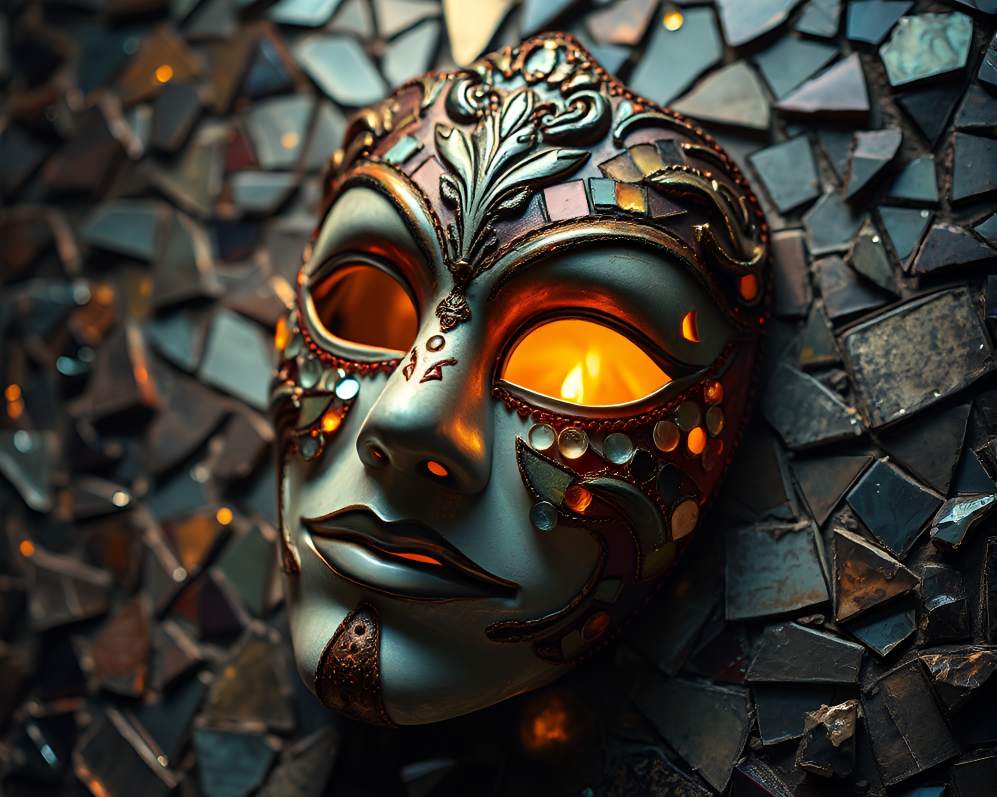 Venetian Mask Mosaic Illuminated by Torchlight Glow – free AI stock image
