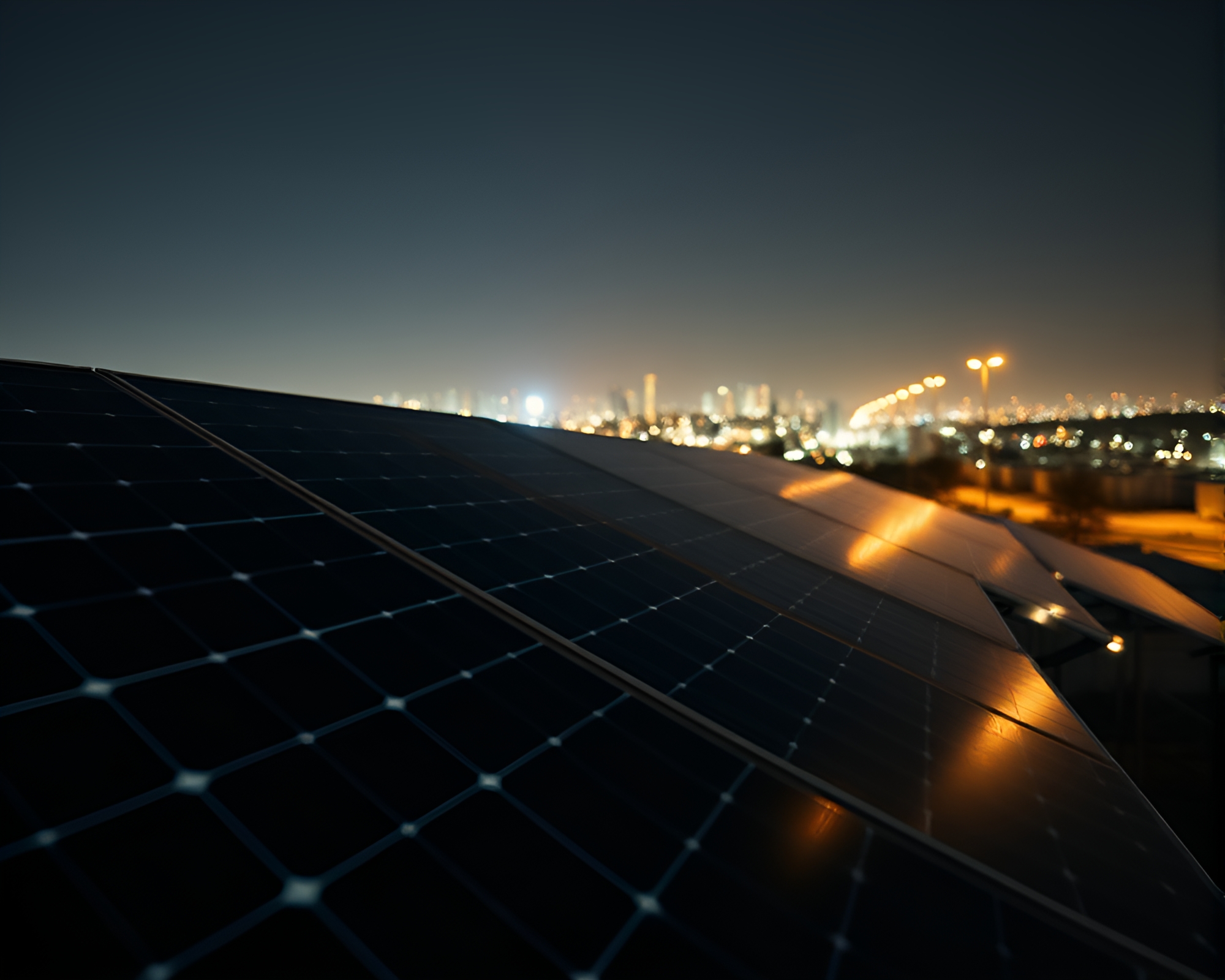 City Lights Illuminate Solar Panel Array in HDR – free AI stock image