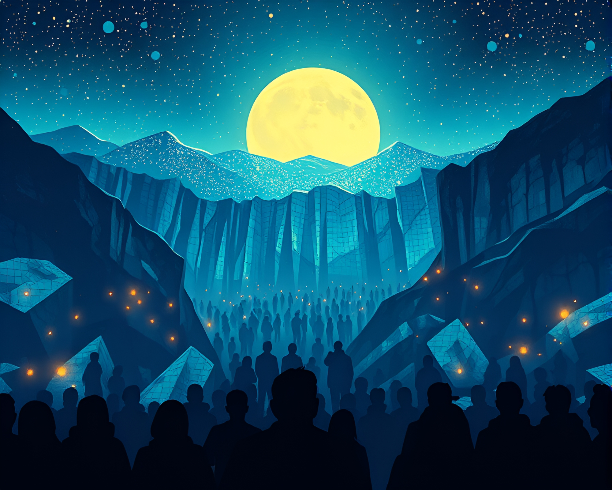 Steampunk Glacier Gathering: Silhouetted Crowd in Mosaic Light – free AI stock image
