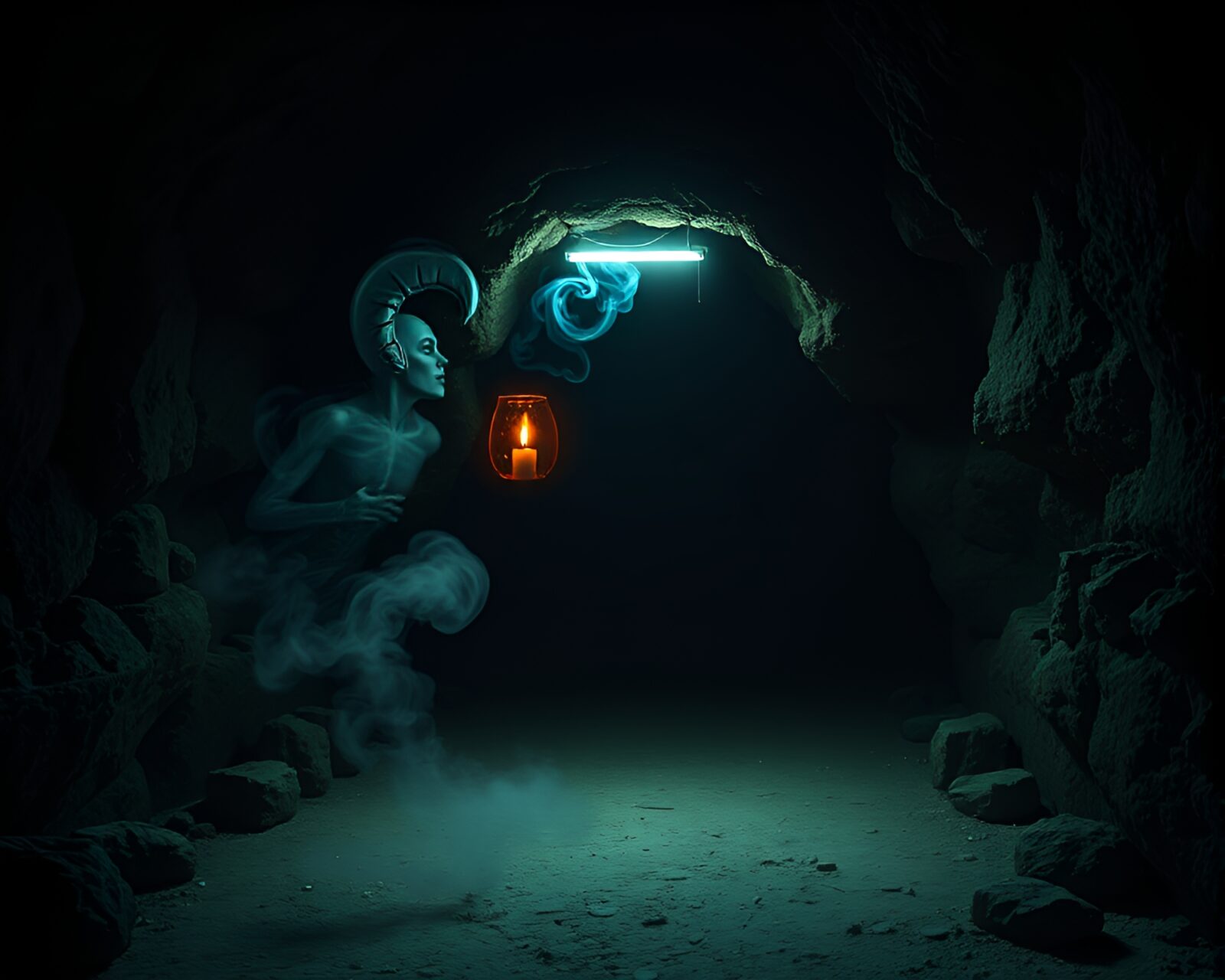 Mysterious siren illuminated by fluorescent candle smoke in cave