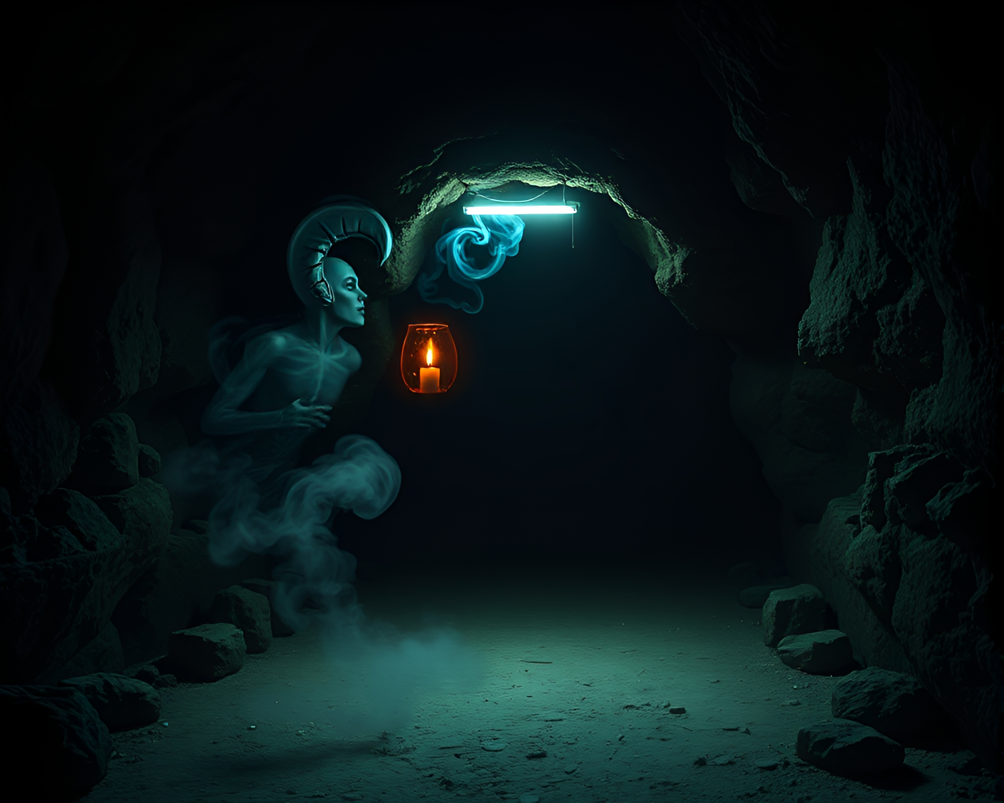 Enchanting Siren at Candlelit Cave Entrance – free AI stock image