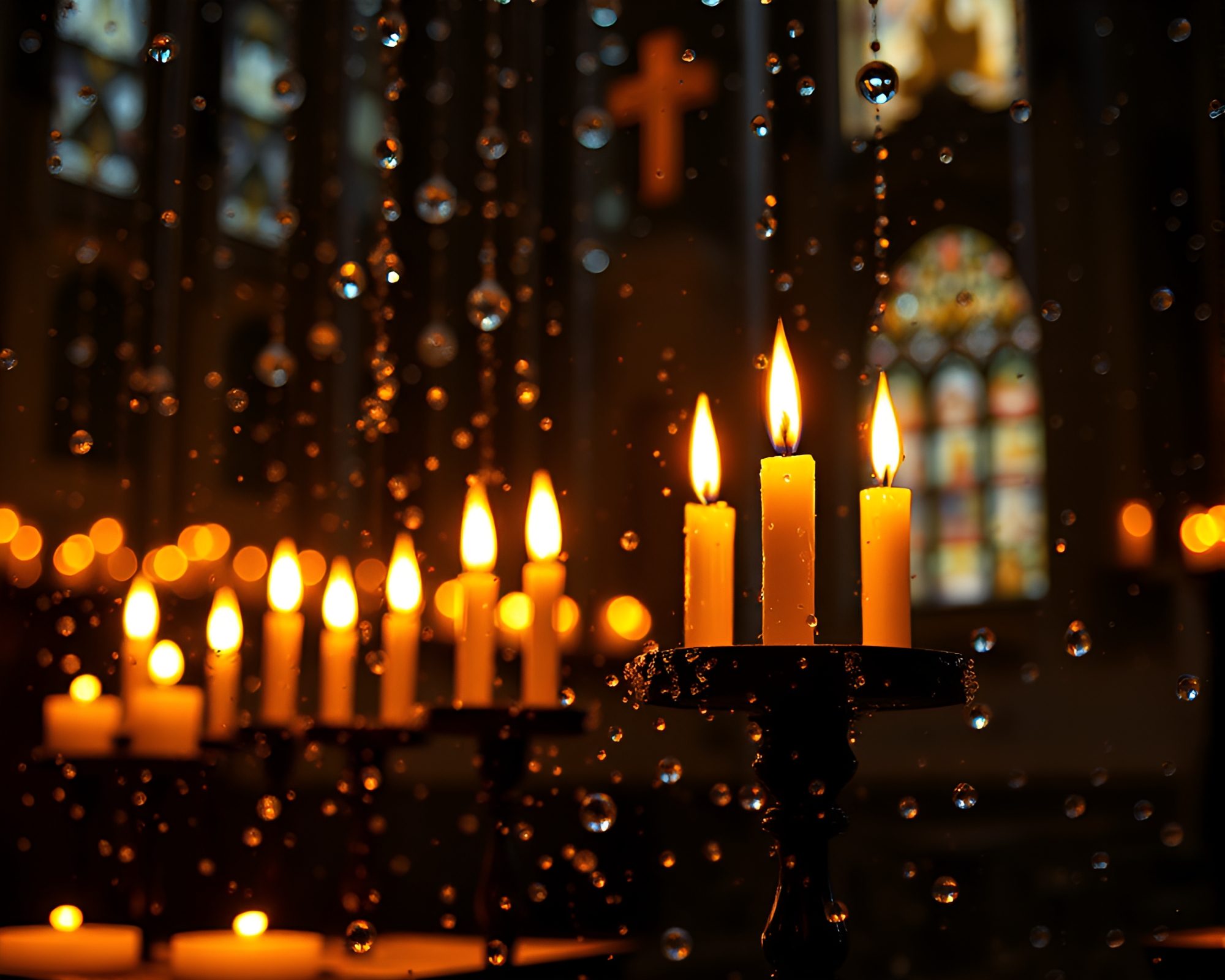 Trumpet under church candlelight reflections on wet glass – free AI stock image