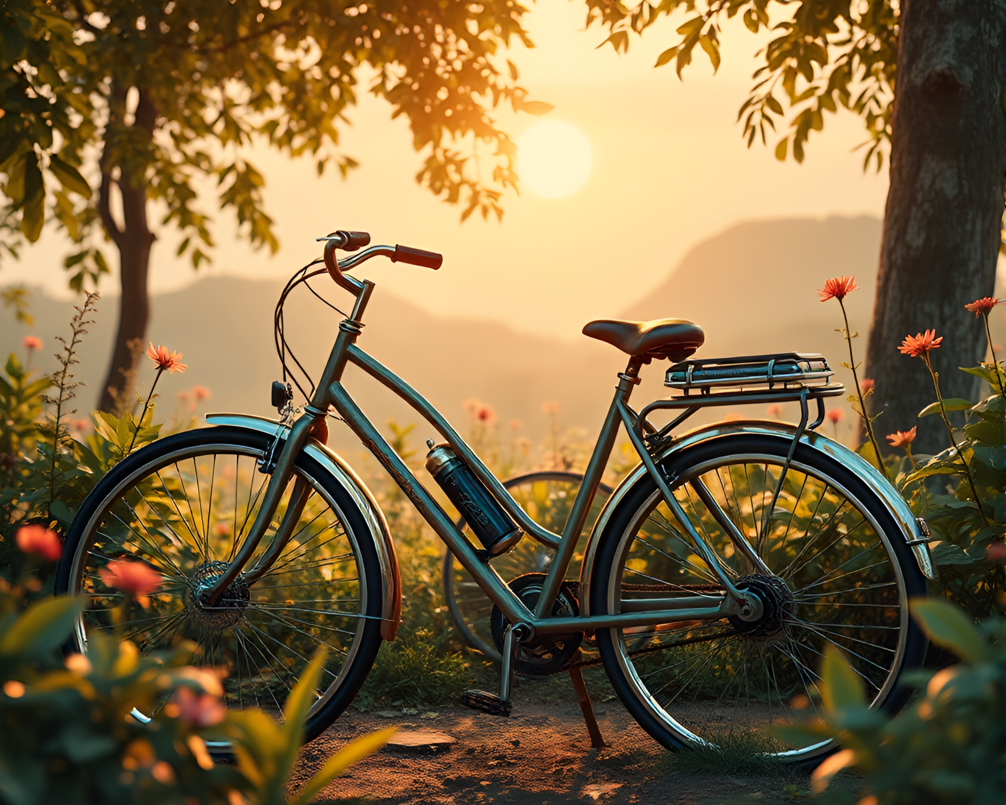 Botanical Solar-Powered Bike with Bronze Sheen – free AI stock image