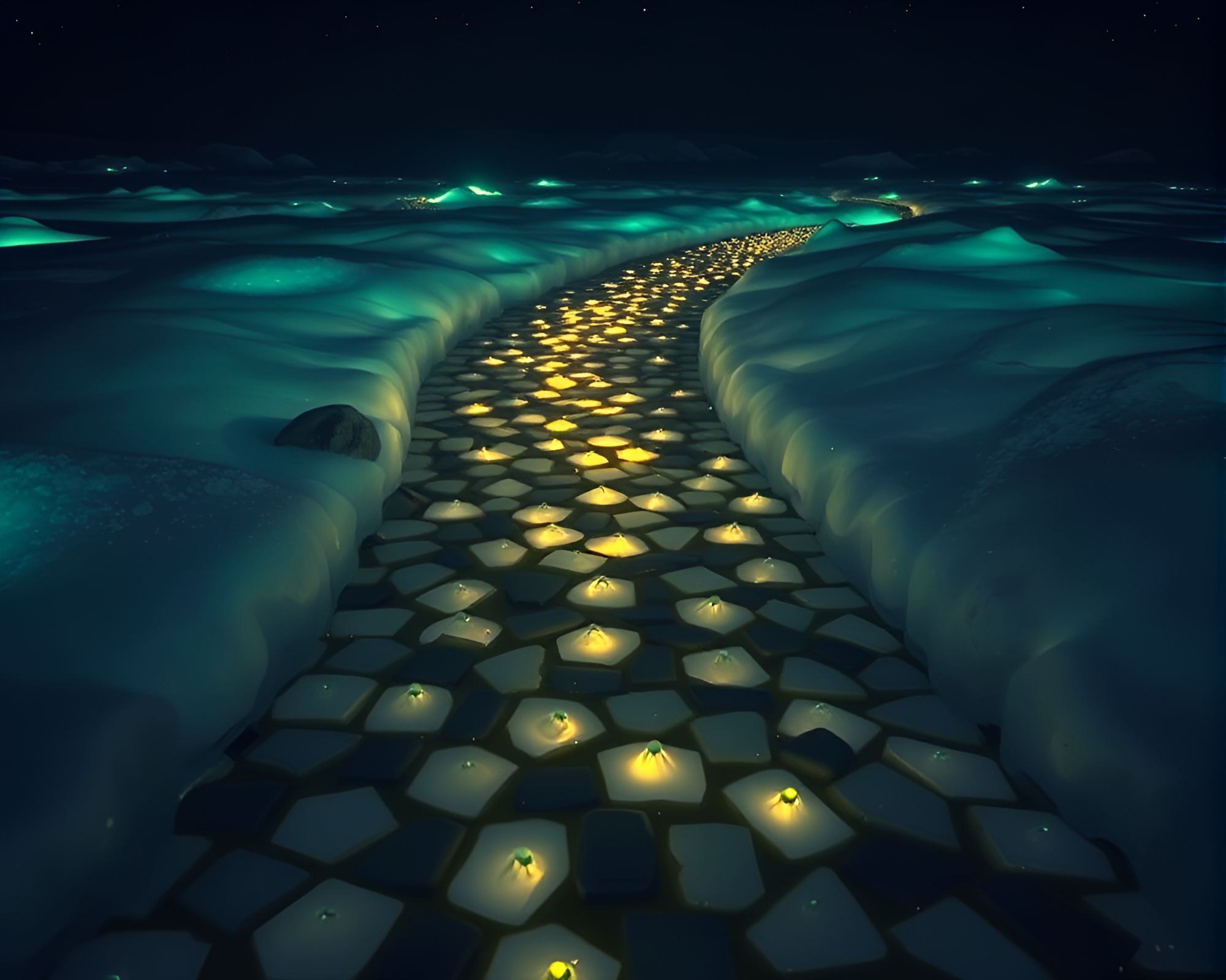 Bioluminescent Fungi on Antarctic Cobblestone Path – free AI stock image