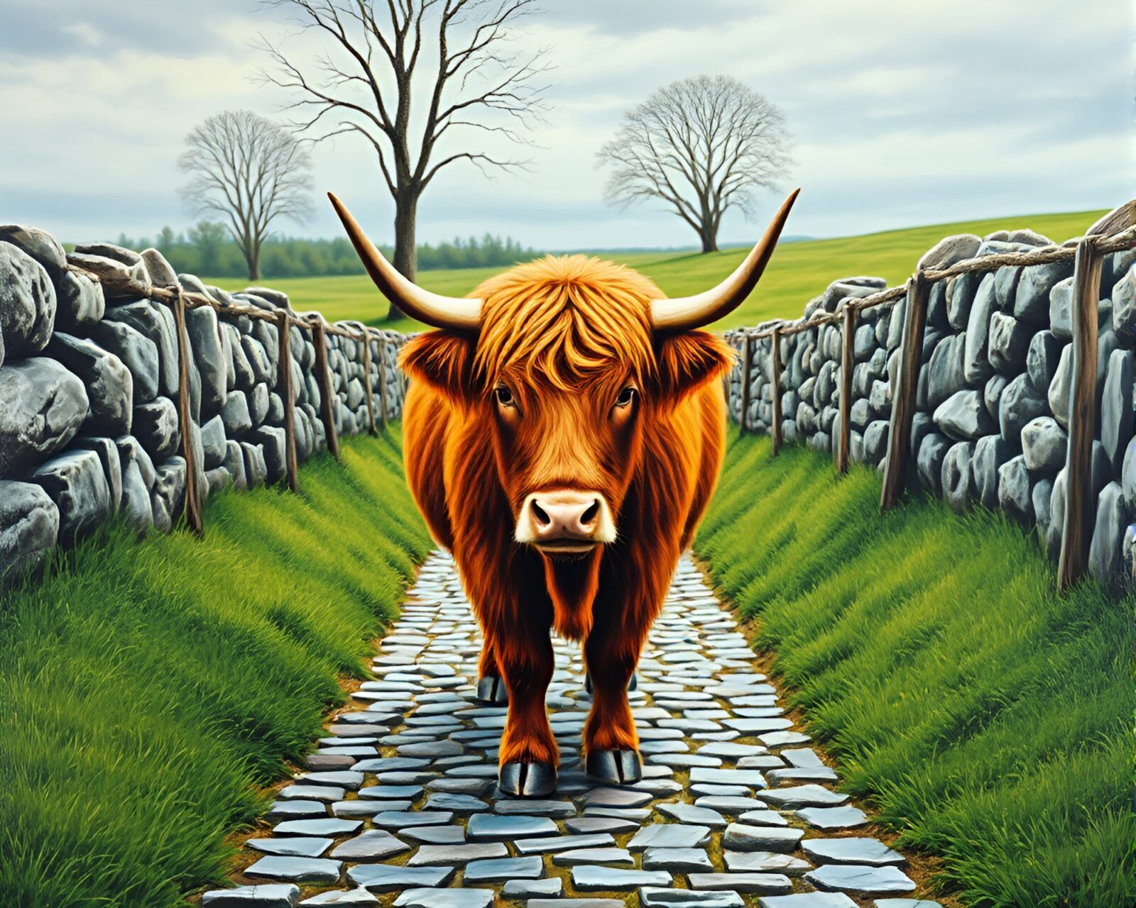 Vintage-styled acrylic painting of a Highland cow on cobblestone path