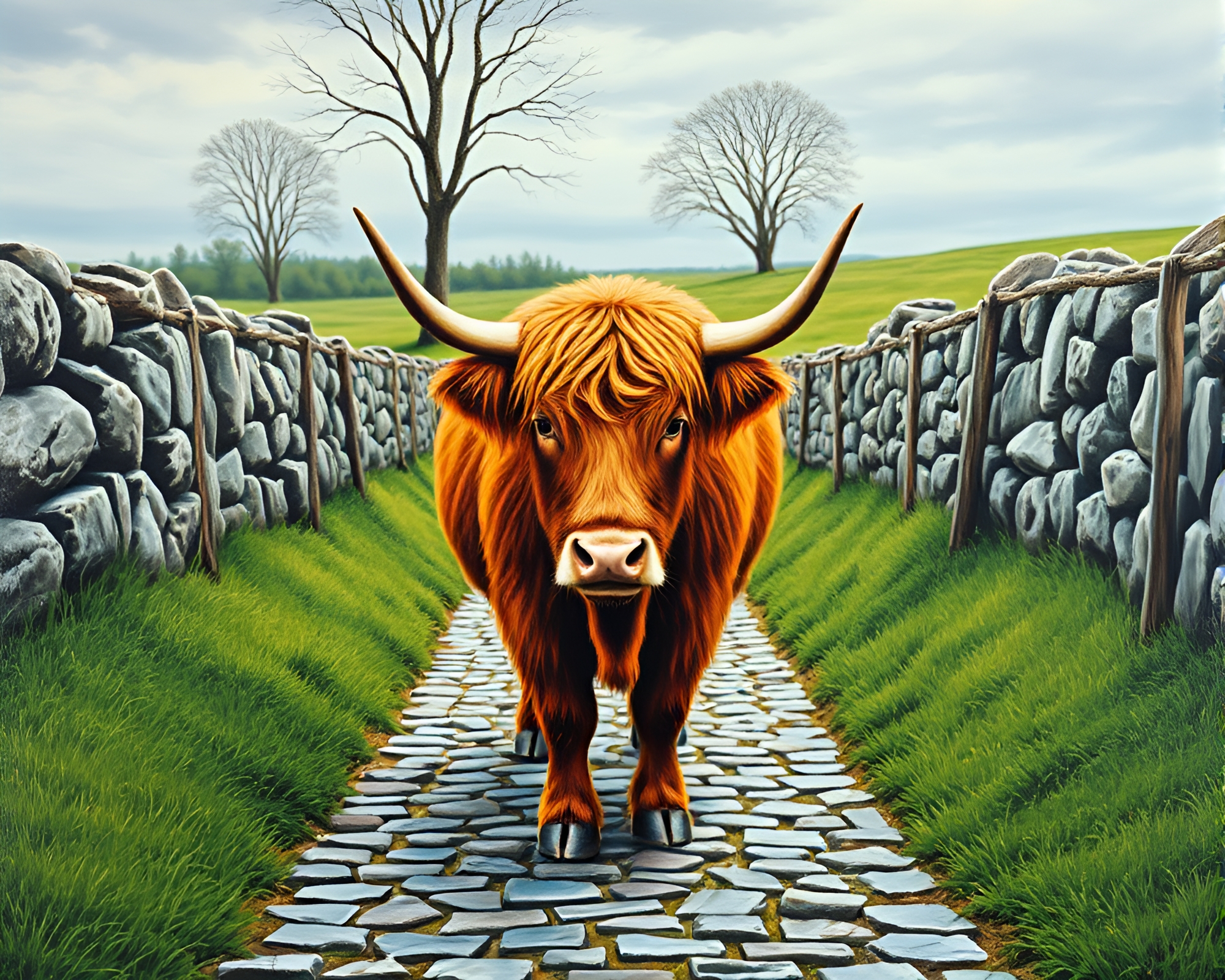 Highland Cow on Cobblestone Path in VHS Acrylic Painting – free AI stock image
