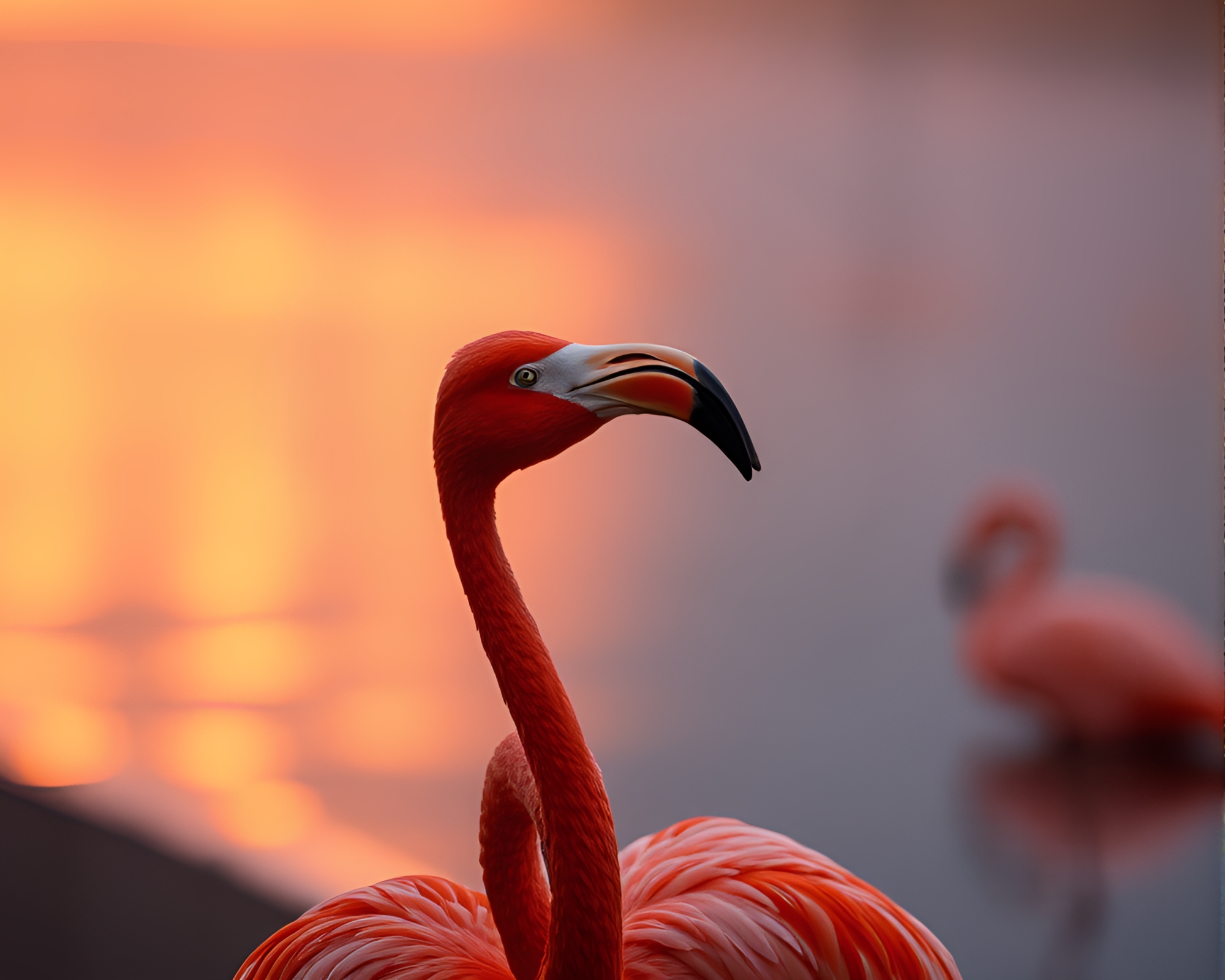 Surreal Flamingo Encounter Captured in Copper Tones – free AI stock image