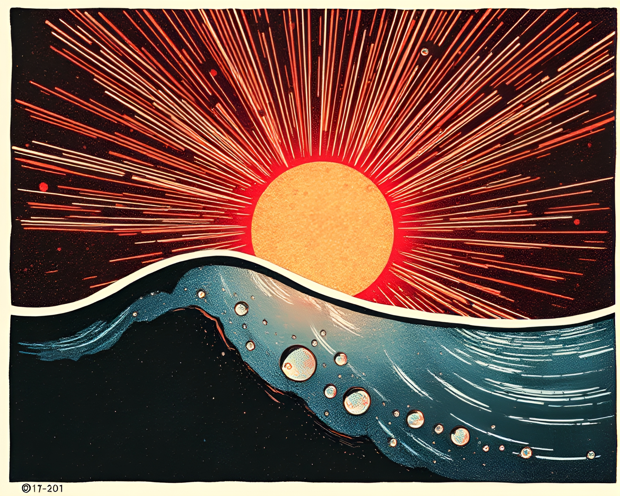 Elf in Solar Glow Water Droplets Linocut Print – free AI stock image
