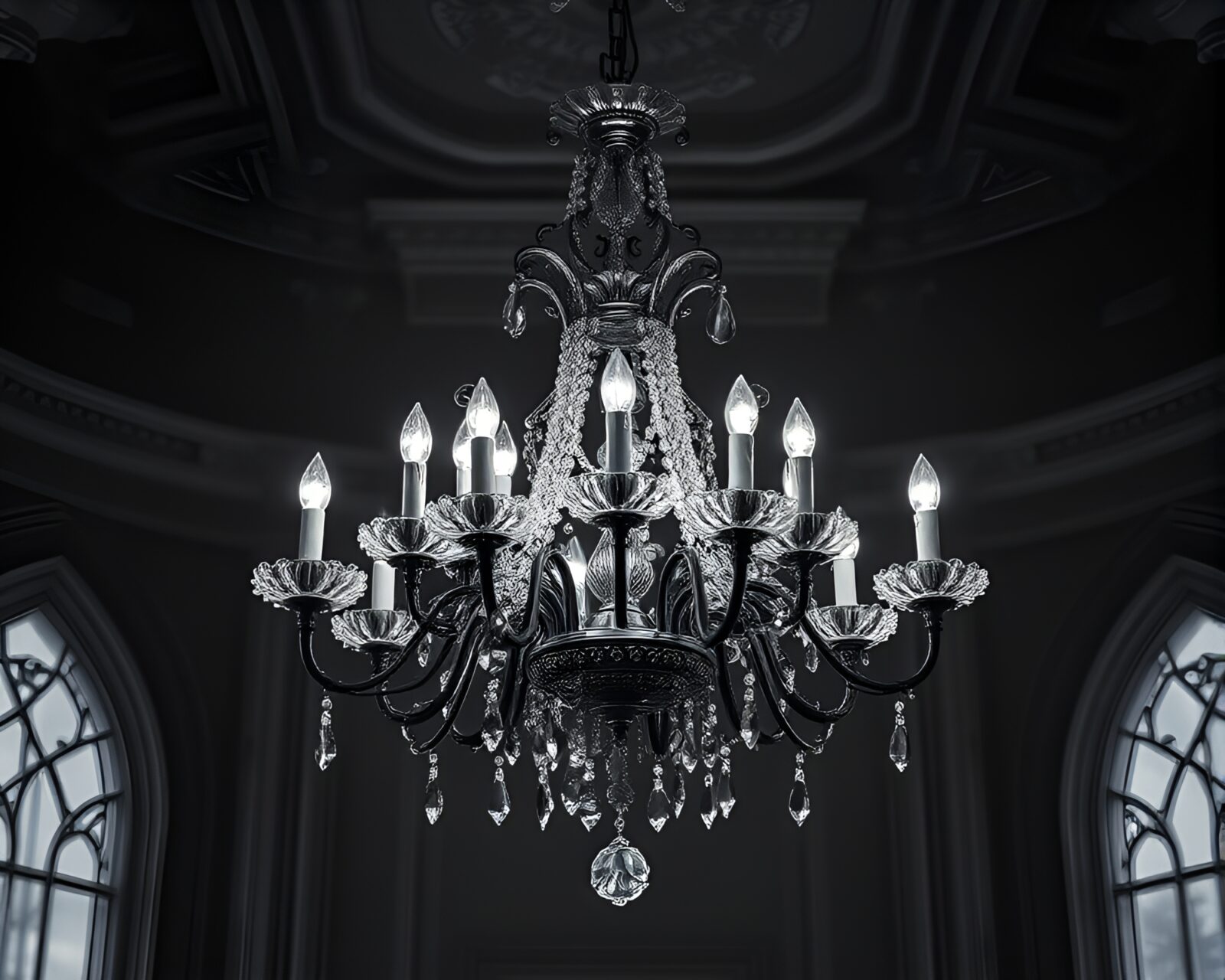 Ethereal gray-toned image of Victorian chandelier in synthwave style