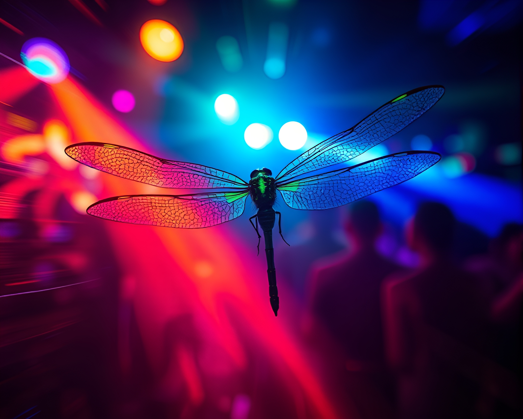Dragonfly in Utopian Lens Distortion Club Lights – free AI stock image