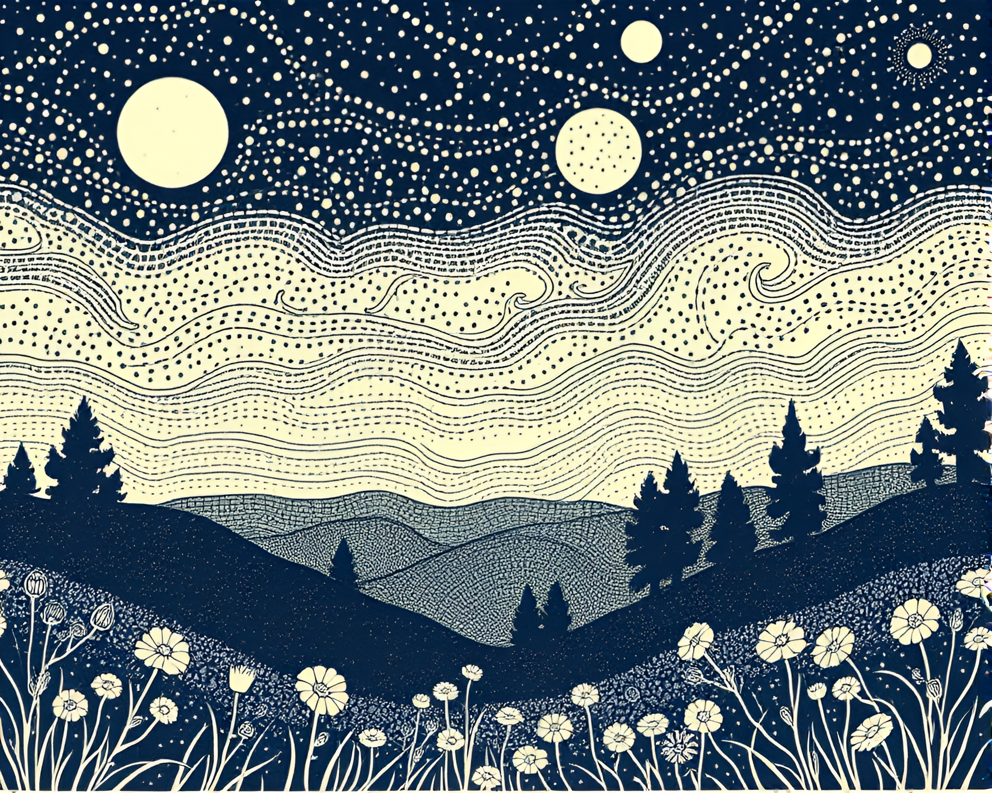 Sky Garden Serenity: Retro Linocut Pattern – free AI stock image