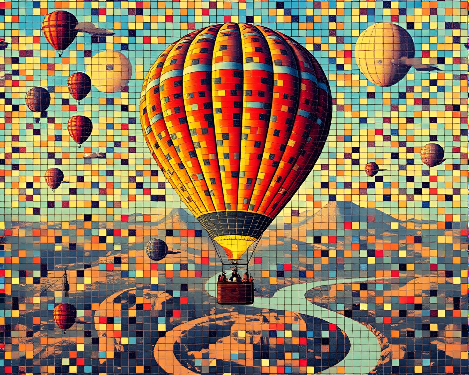 Abstract art of hot air balloon in surreal mosaic style with VHS distortion