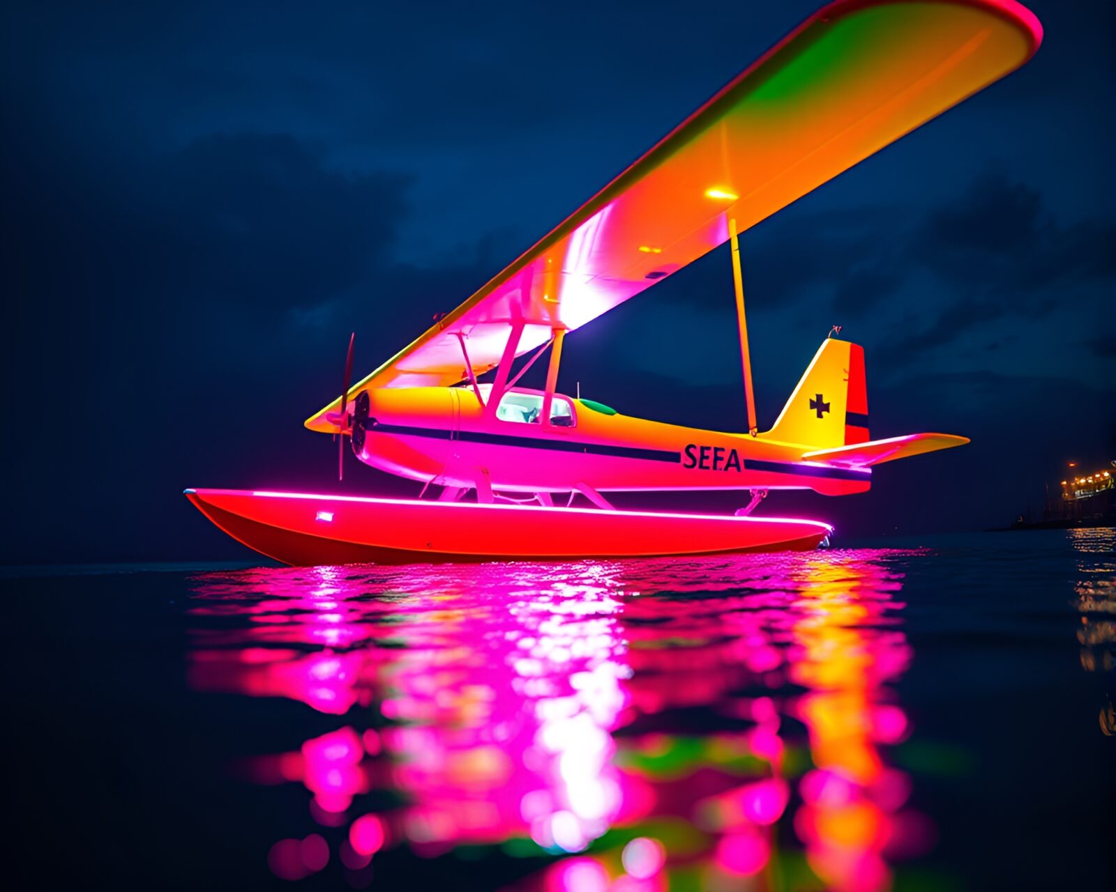 A futuristic sea plane in vibrant neon colors against surreal backdrop