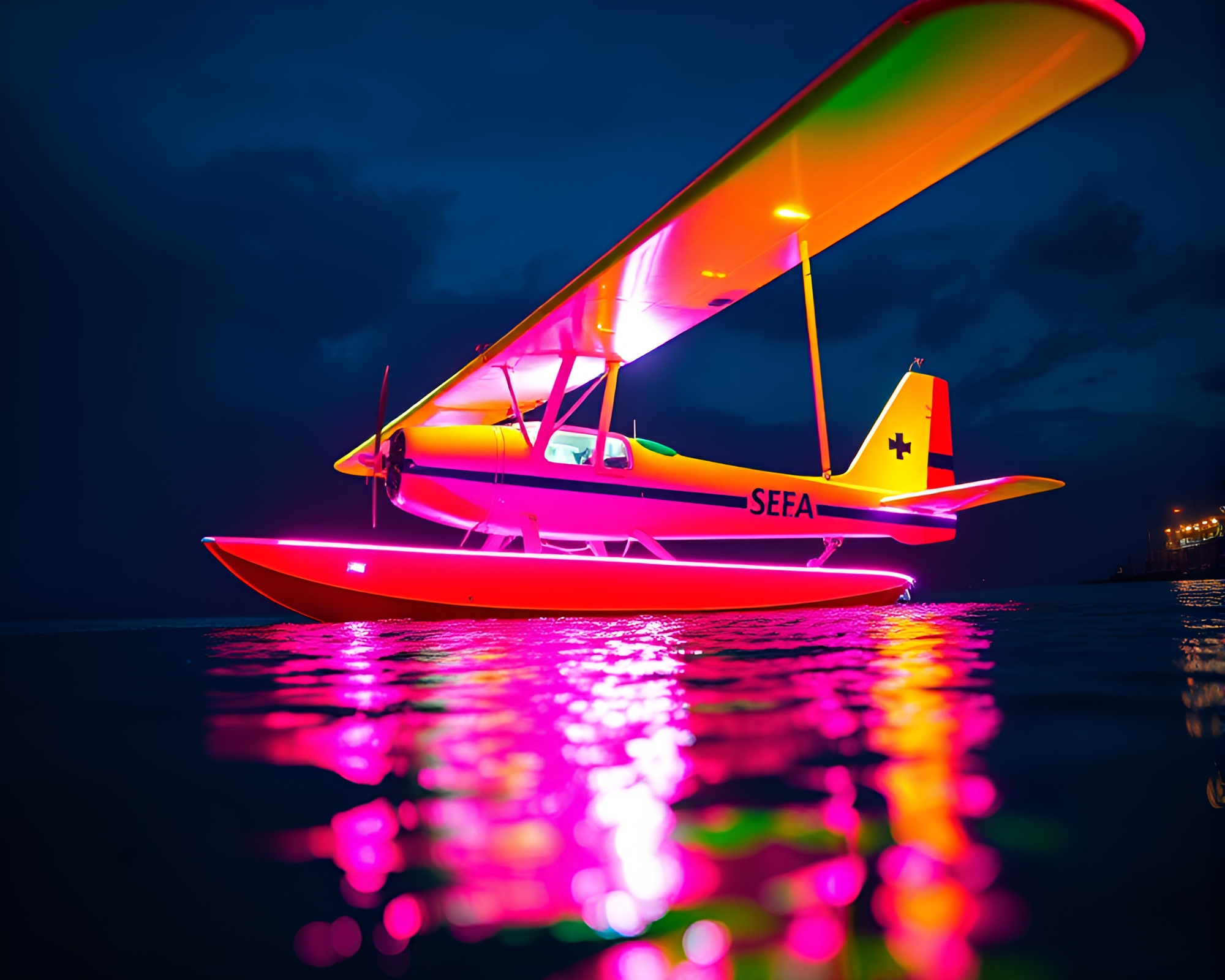 Vibrant Neon Sea Plane in Surreal Focus Stacking Composition – free AI stock image