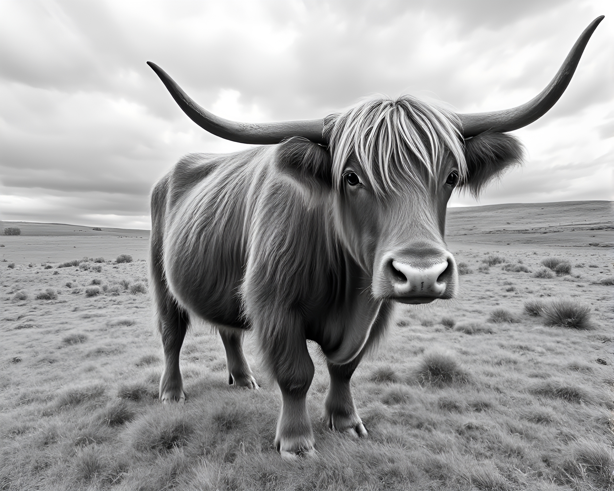Enigmatic Highland Cow in Graphite Gray Landscape – free AI stock image