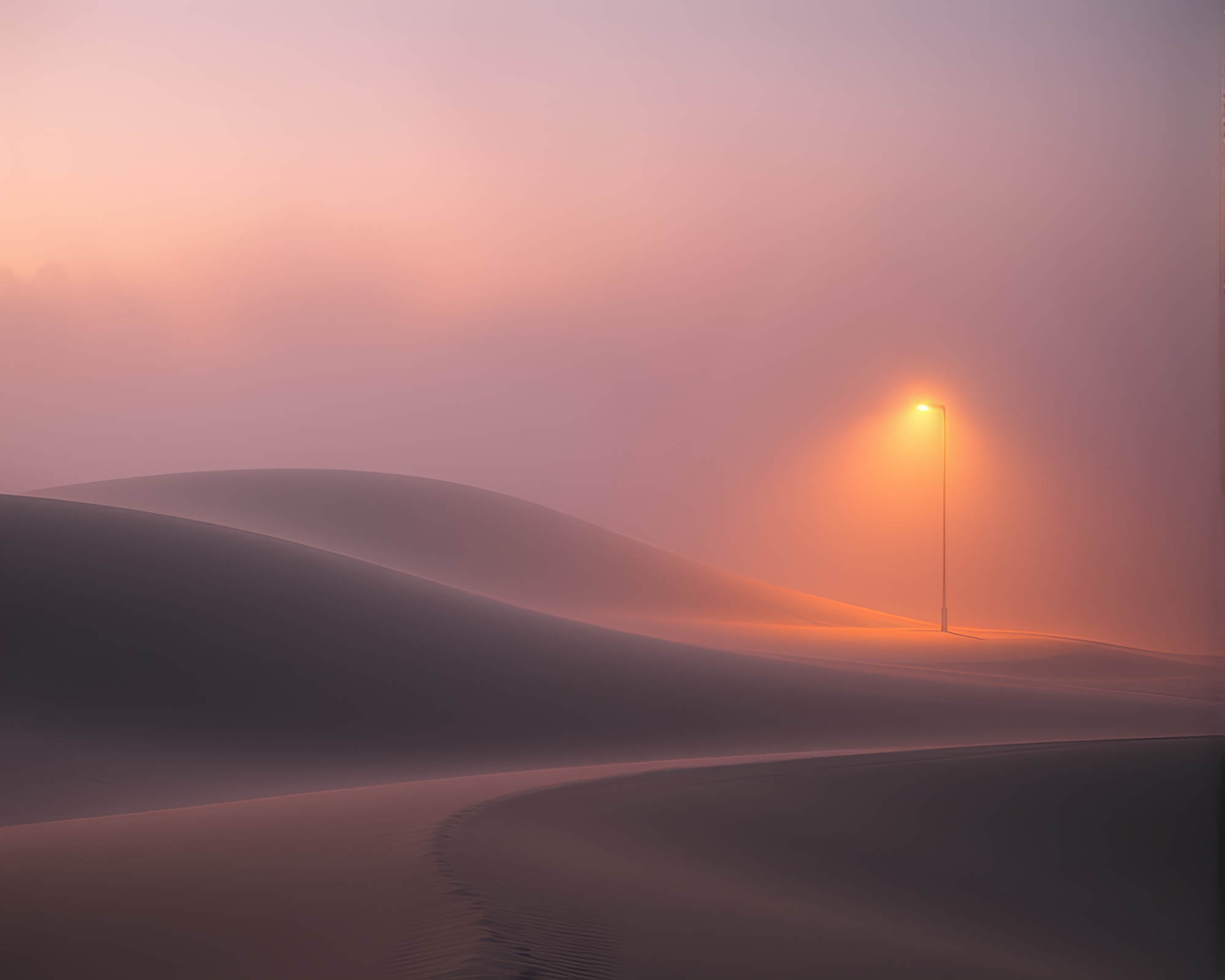 Ethereal Streetlamp Glow on Foggy Sand Dunes – free AI stock image