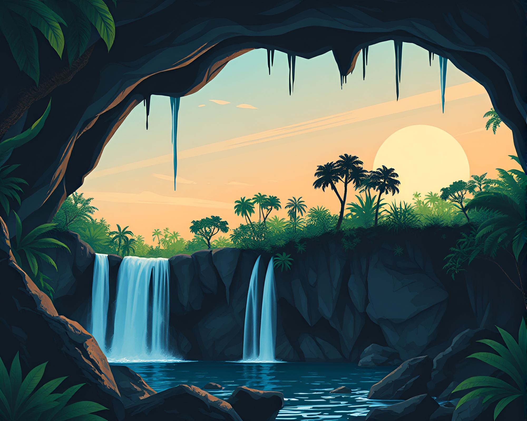 Tropical Waterfall Cave Entrance Collage – free AI stock image