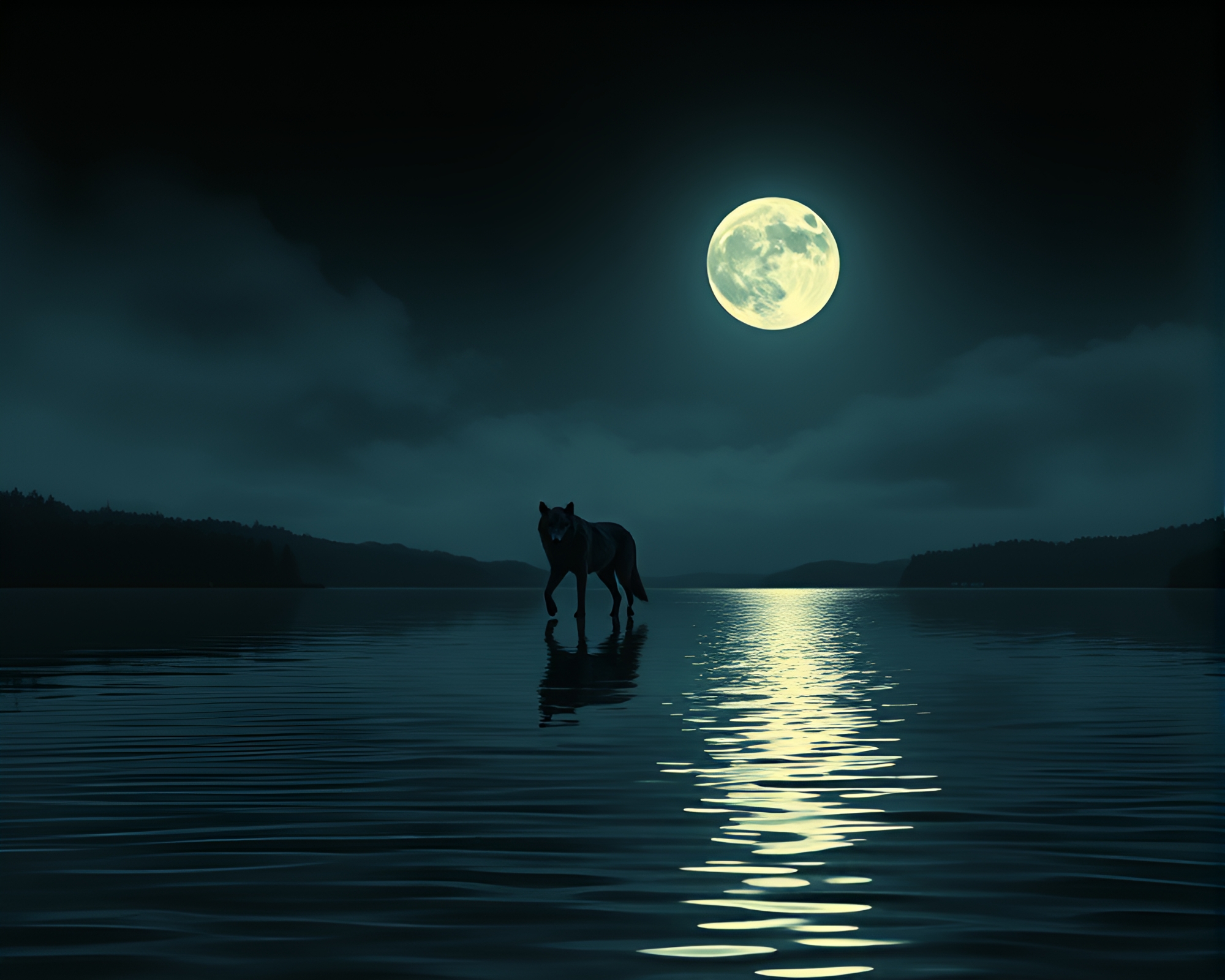 Moonlit Wolf Reflecting in Water Ripple Grisaille Scene – free AI stock image