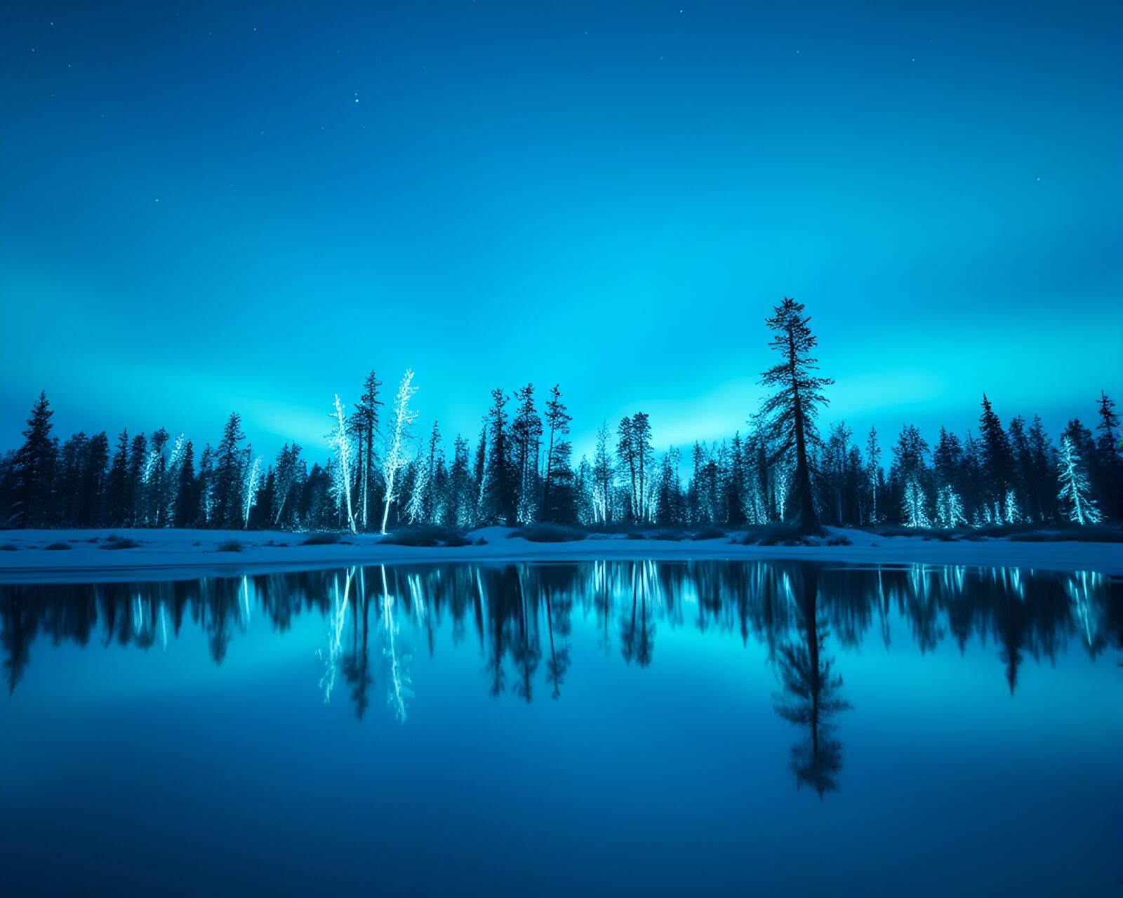 Majestic frozen forest glowing in arctic blue bioluminescence