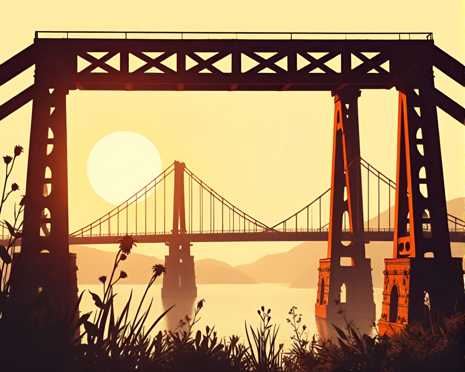 Backlit silhouette of botanical bridge covered in rust patina