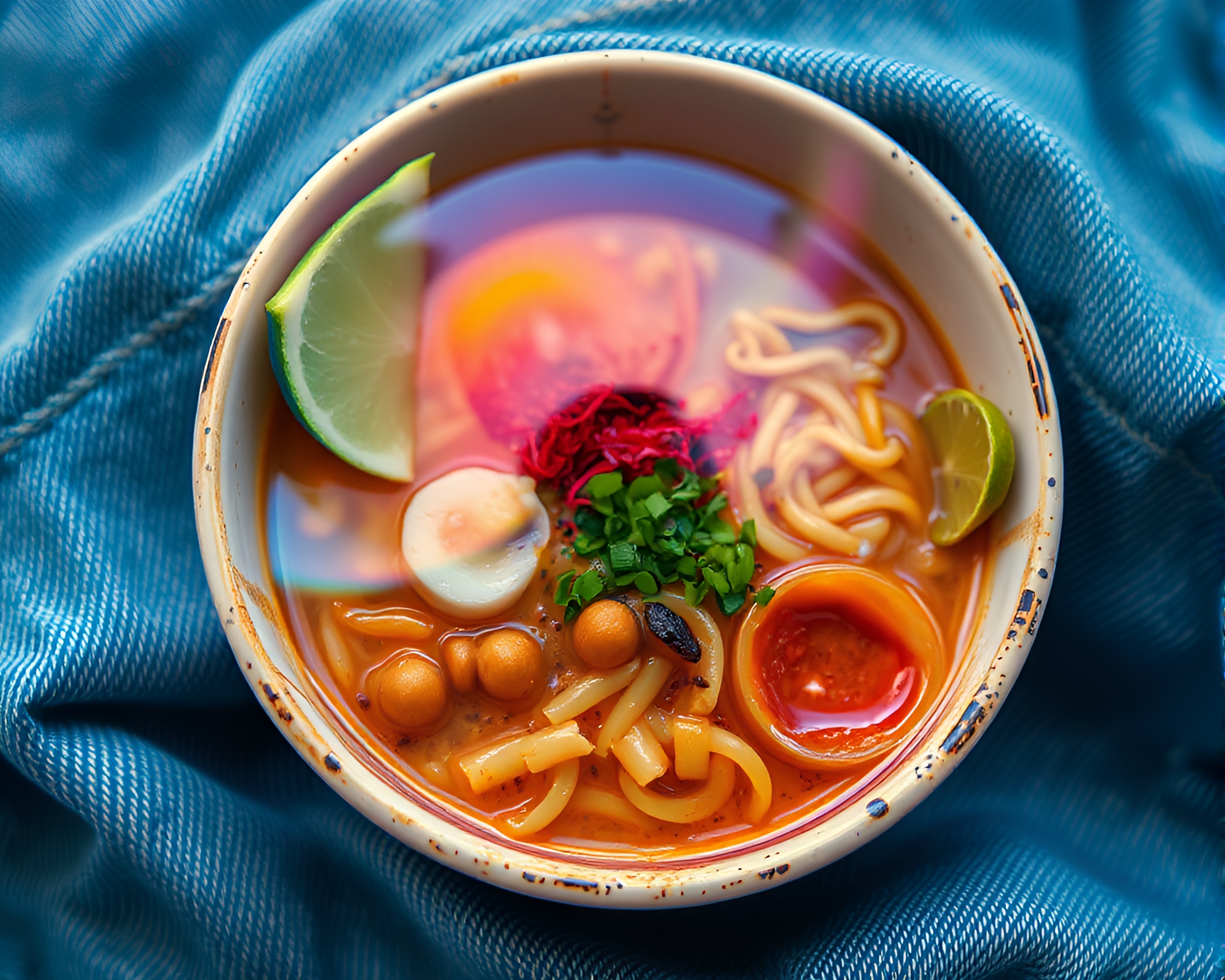 Rainbow Ramen Bowl in Faded Denim Light – free AI stock image