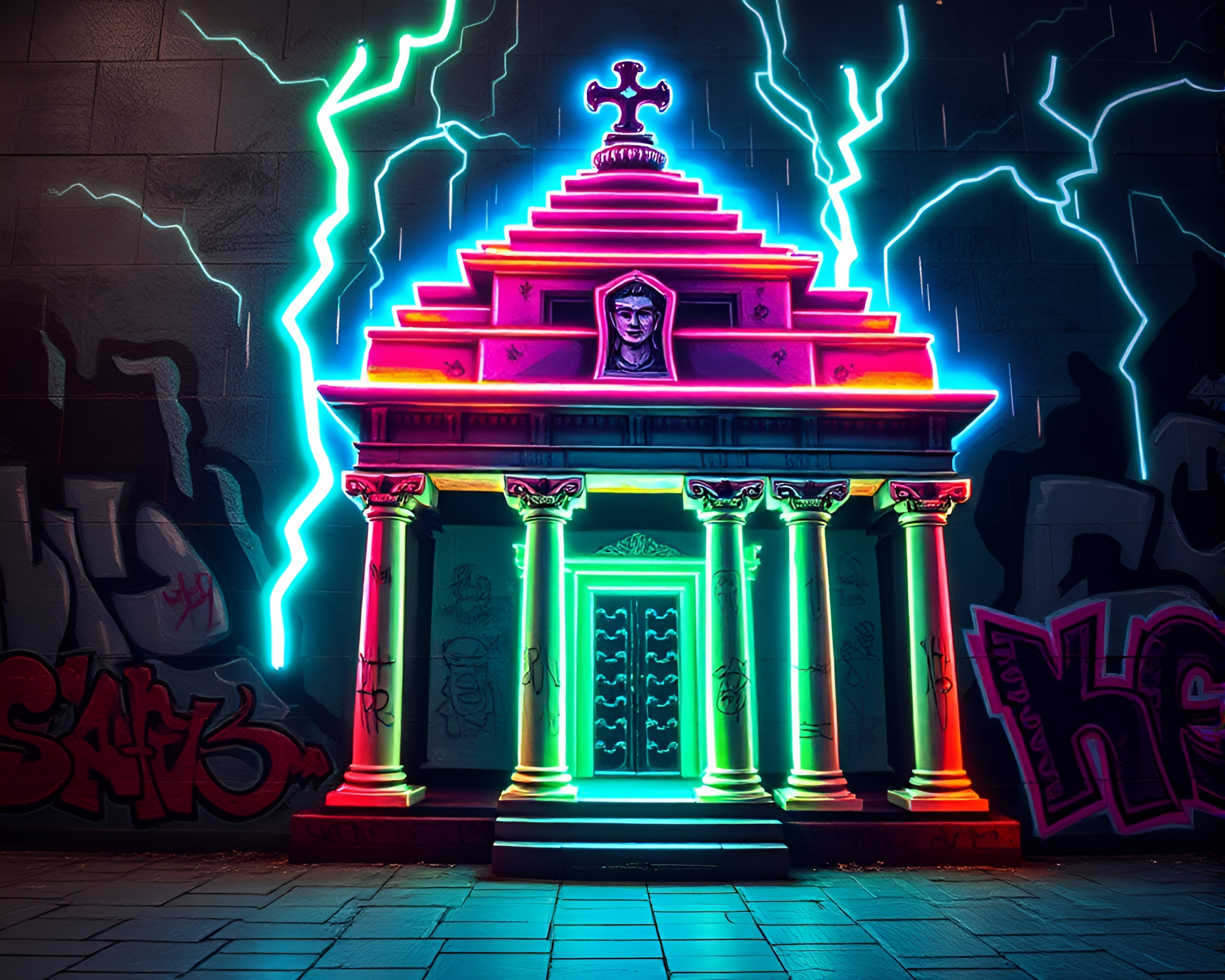 Fluorescent Temple Graffiti Mural Illuminated in Ambient Glow – free AI stock image