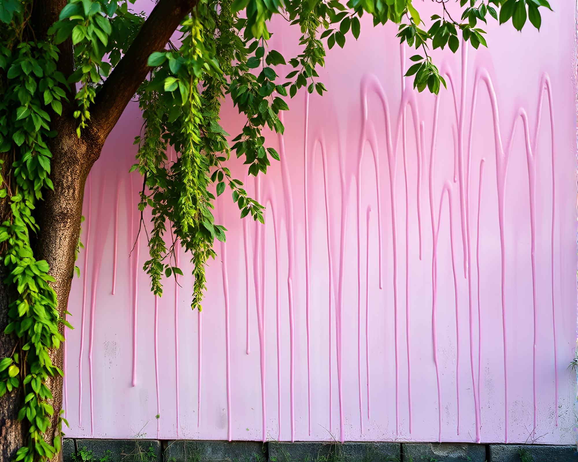 Ancient Grove Transformed by Blush Pink Graffiti Drips – free AI stock image