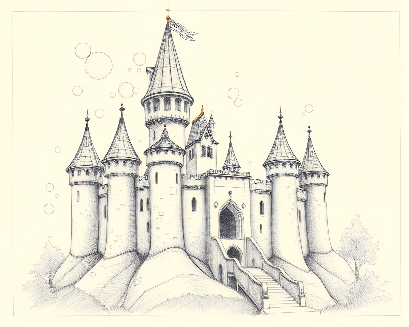 Majestic castle surrounded by shimmering bubble clusters in vintage sketch
