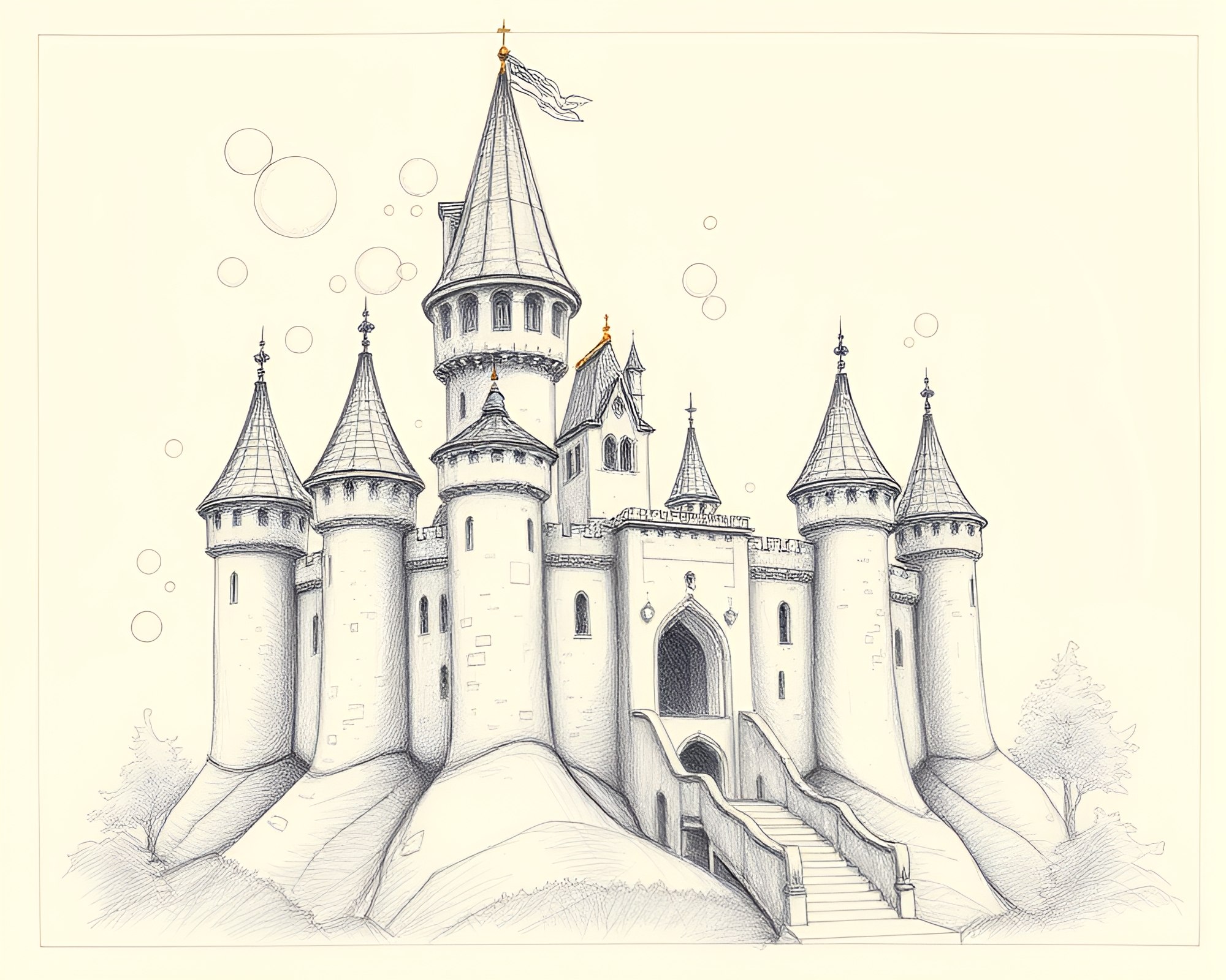 Fantasy Bubble Cluster Castle in Vintage Polaroid Pencil Sketch – free AI stock image
