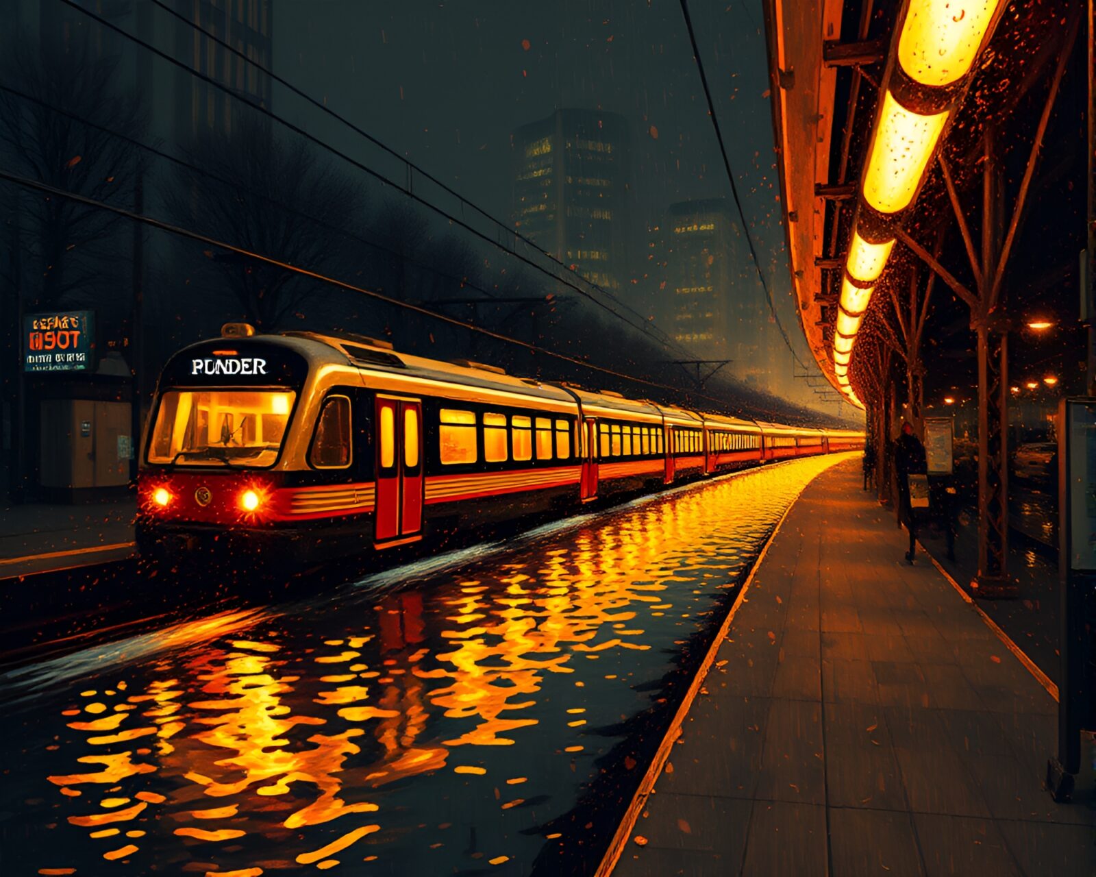 Surreal monorail reflection in water at golden hour