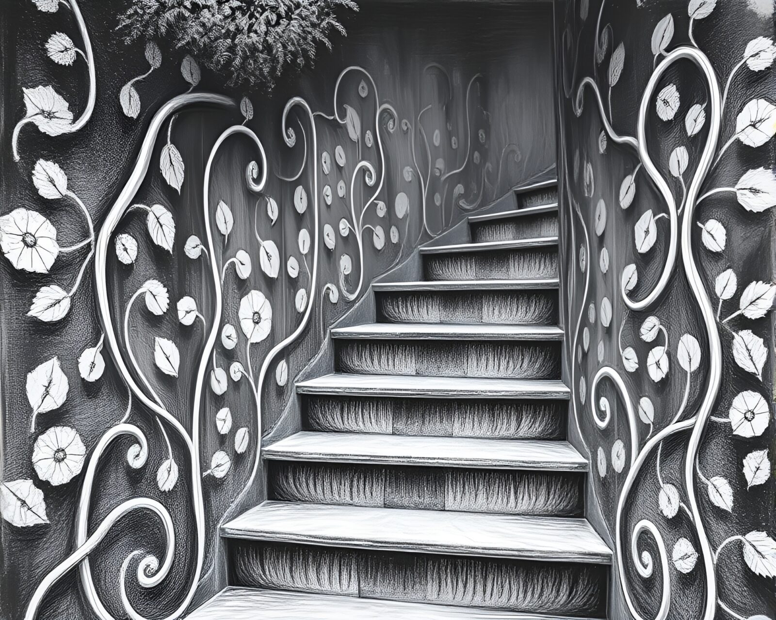 Fantastical composition of intricate leaf veins forming endless staircase chalk drawing