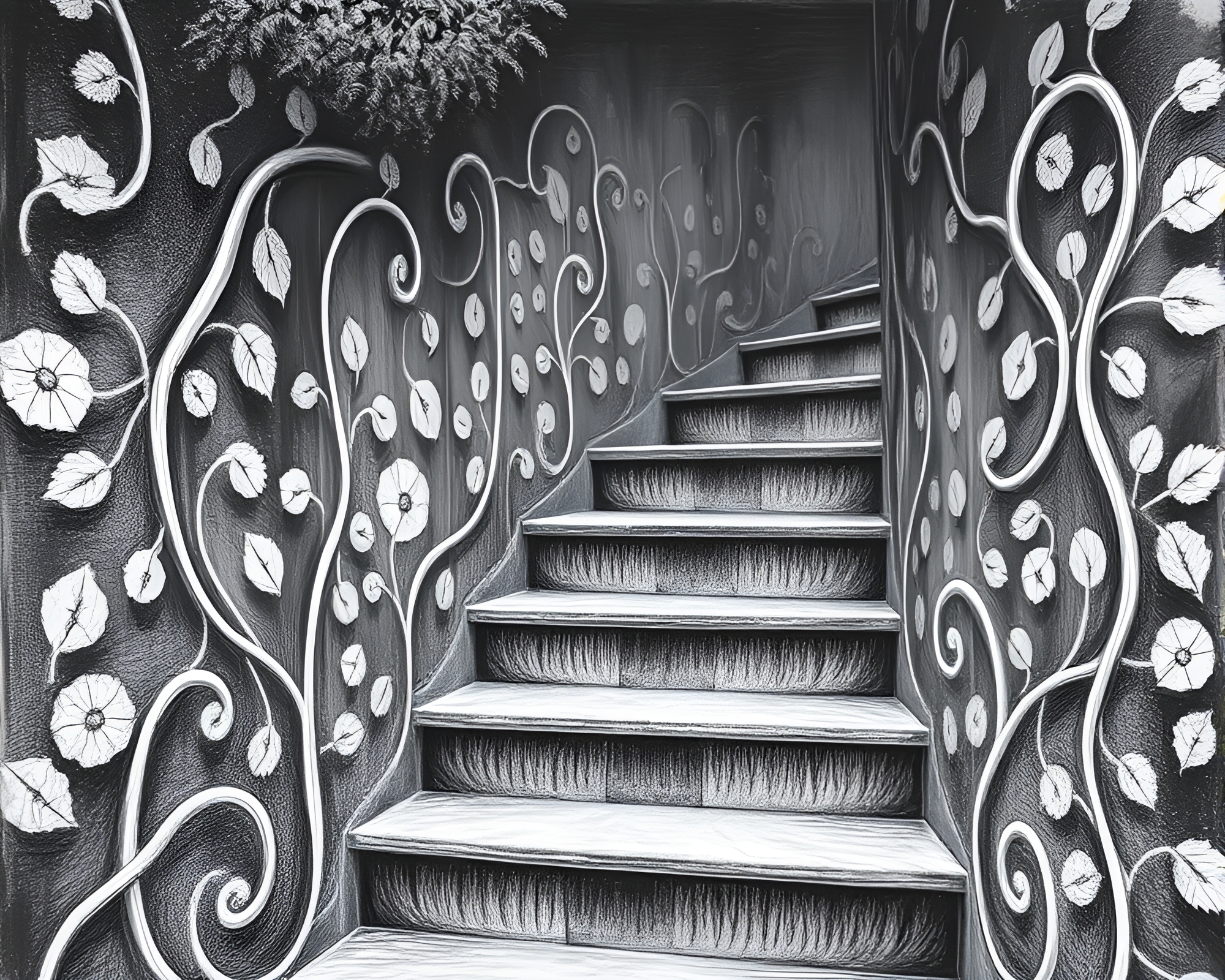 Surreal Chalk Drawing of Escher-Inspired Leaf Vein Staircase – free AI stock image