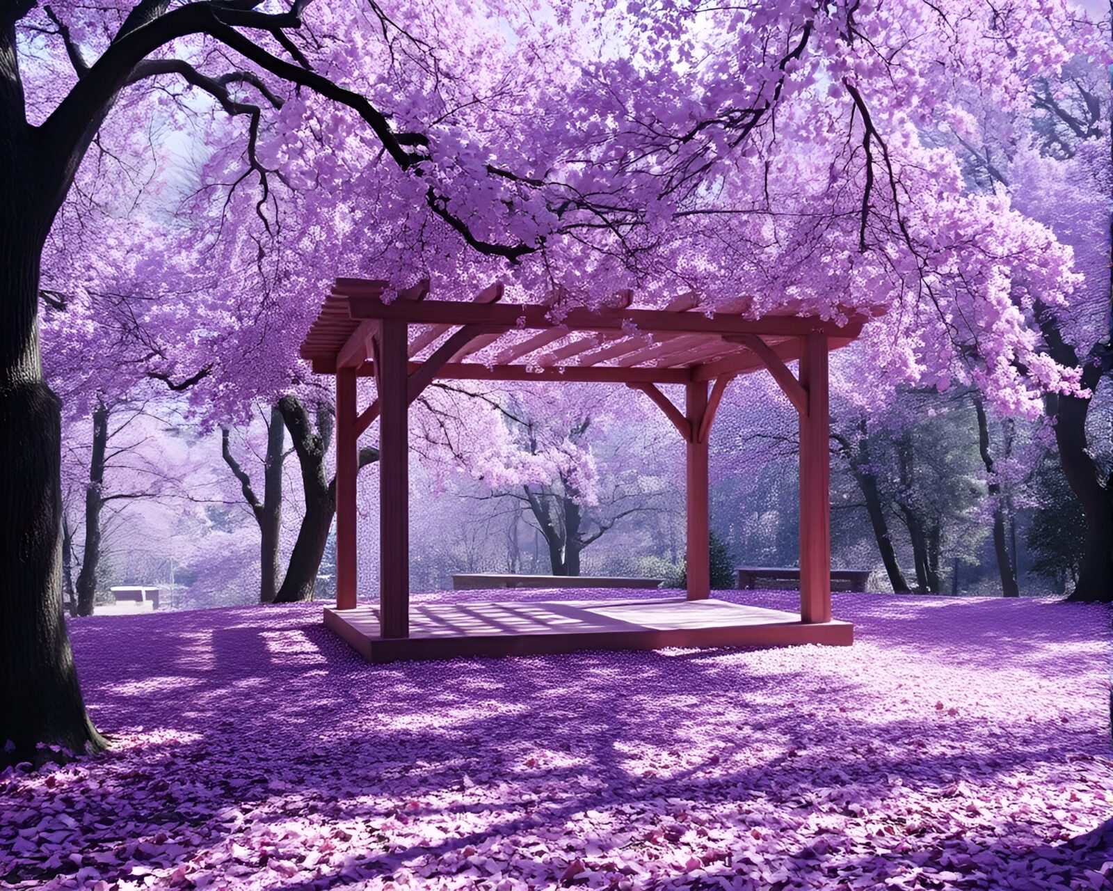 Majestic pavilion floating on purple leaf-covered water under stipple shade