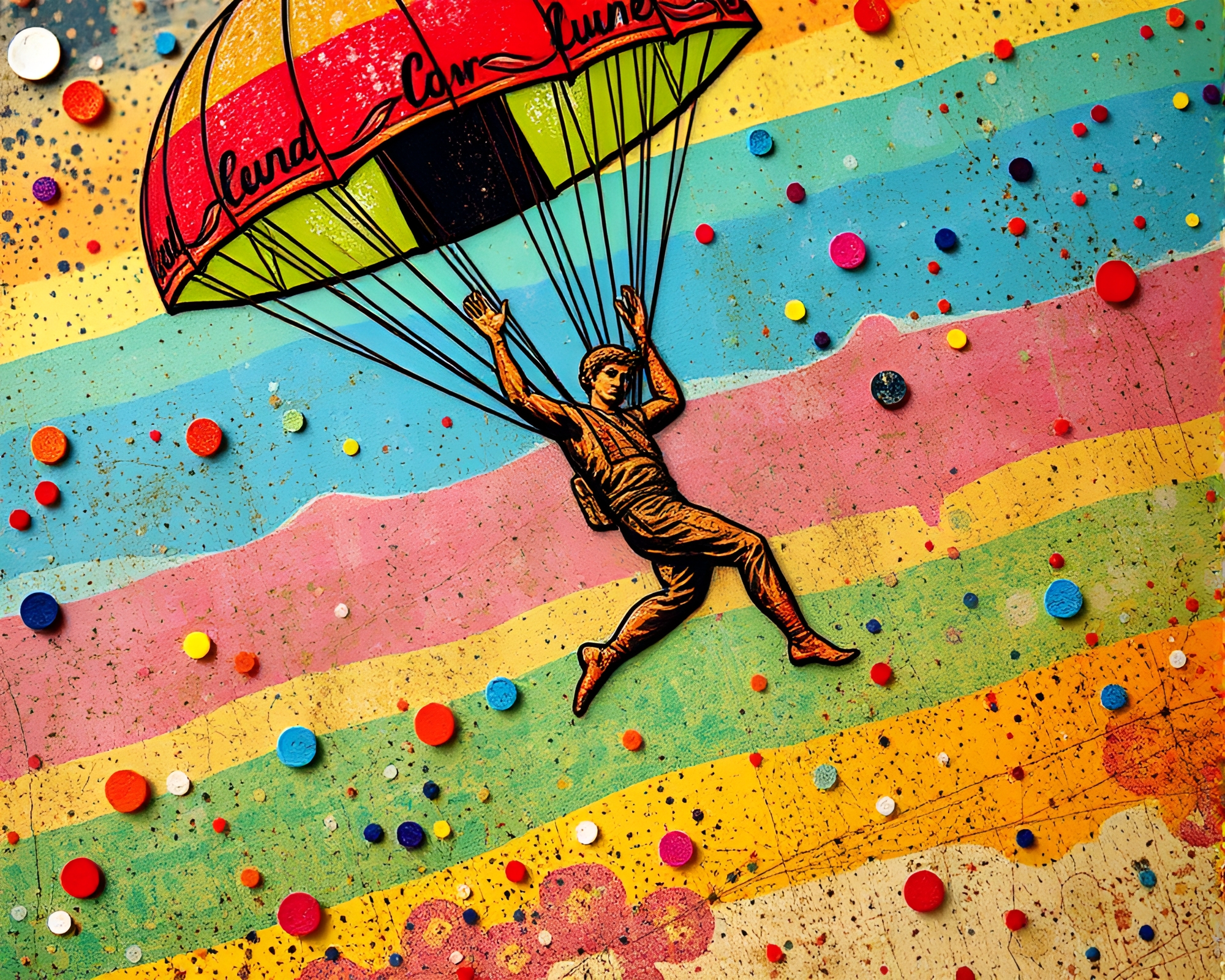 Dadaist Parachute Jumper in Confetti Color Burst – free AI stock image