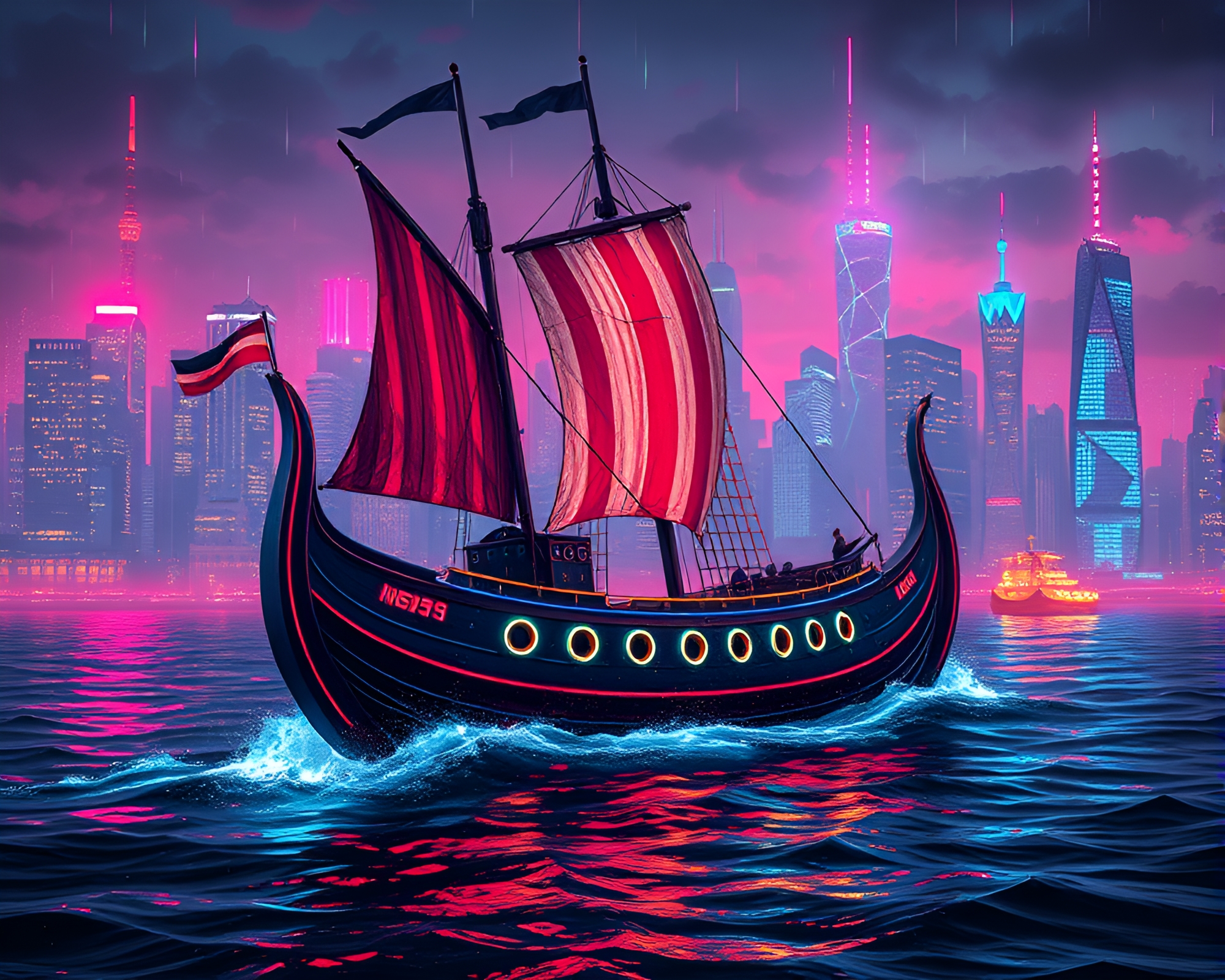 Neon Viking Longship in Cybernetic Cityscape – free AI stock image