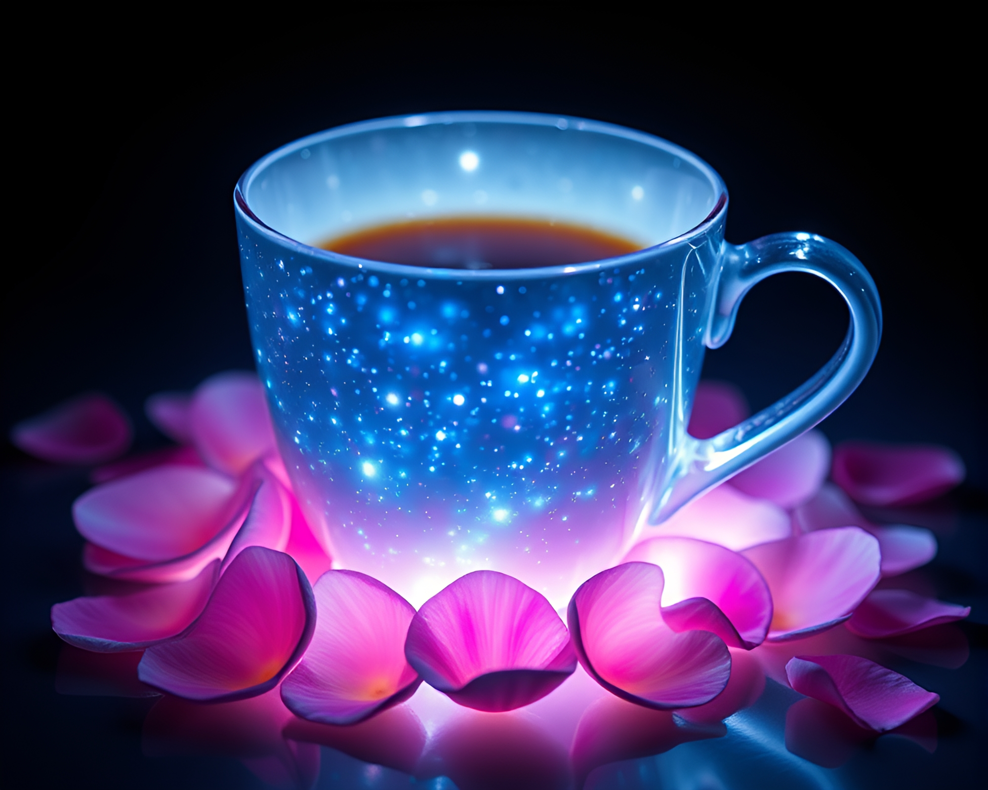 Phosphorescent Coffee Cup Among Flower Petals – free AI stock image