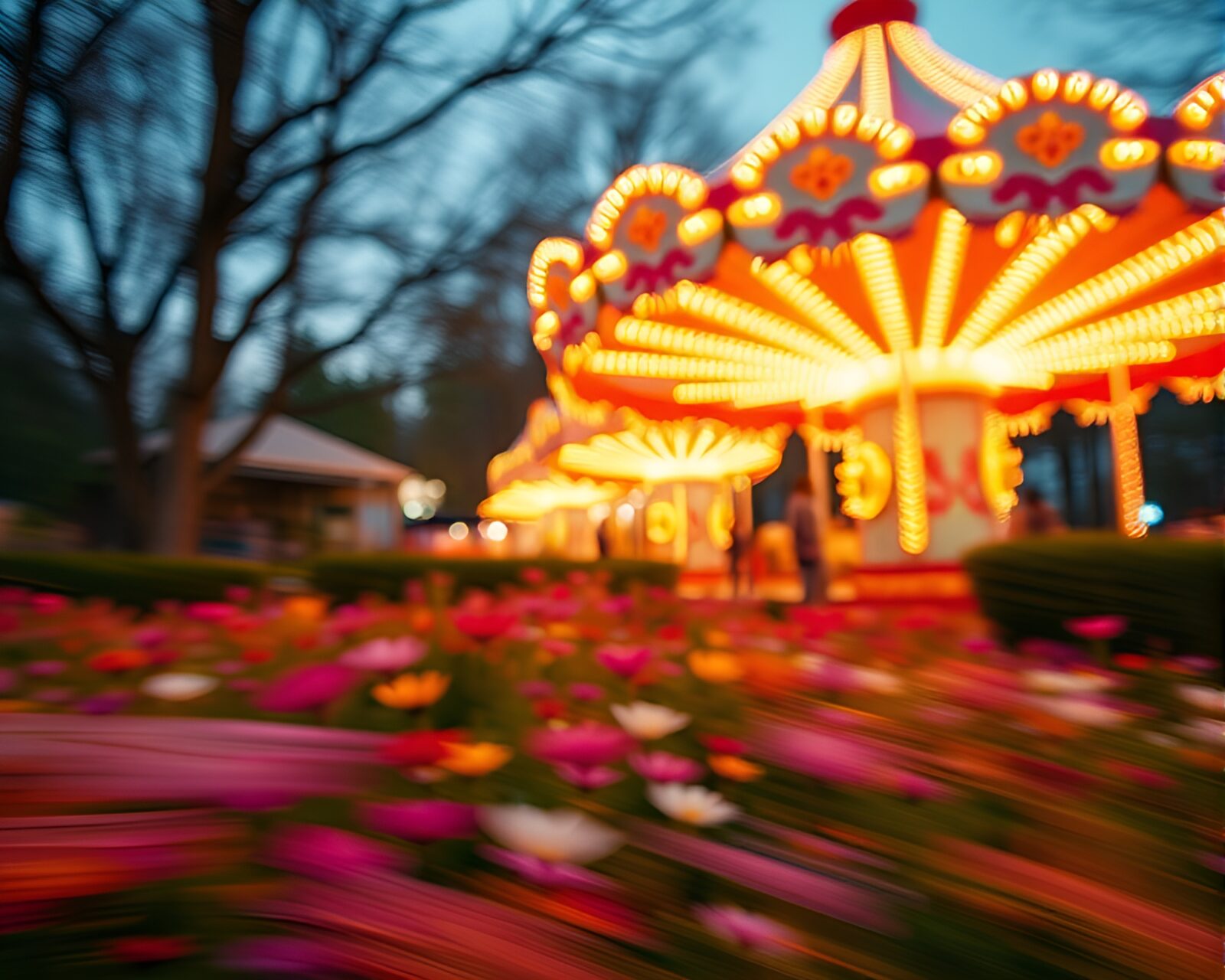 Fantastical meadow scene with glowing carnival lights and blurred pan motion
