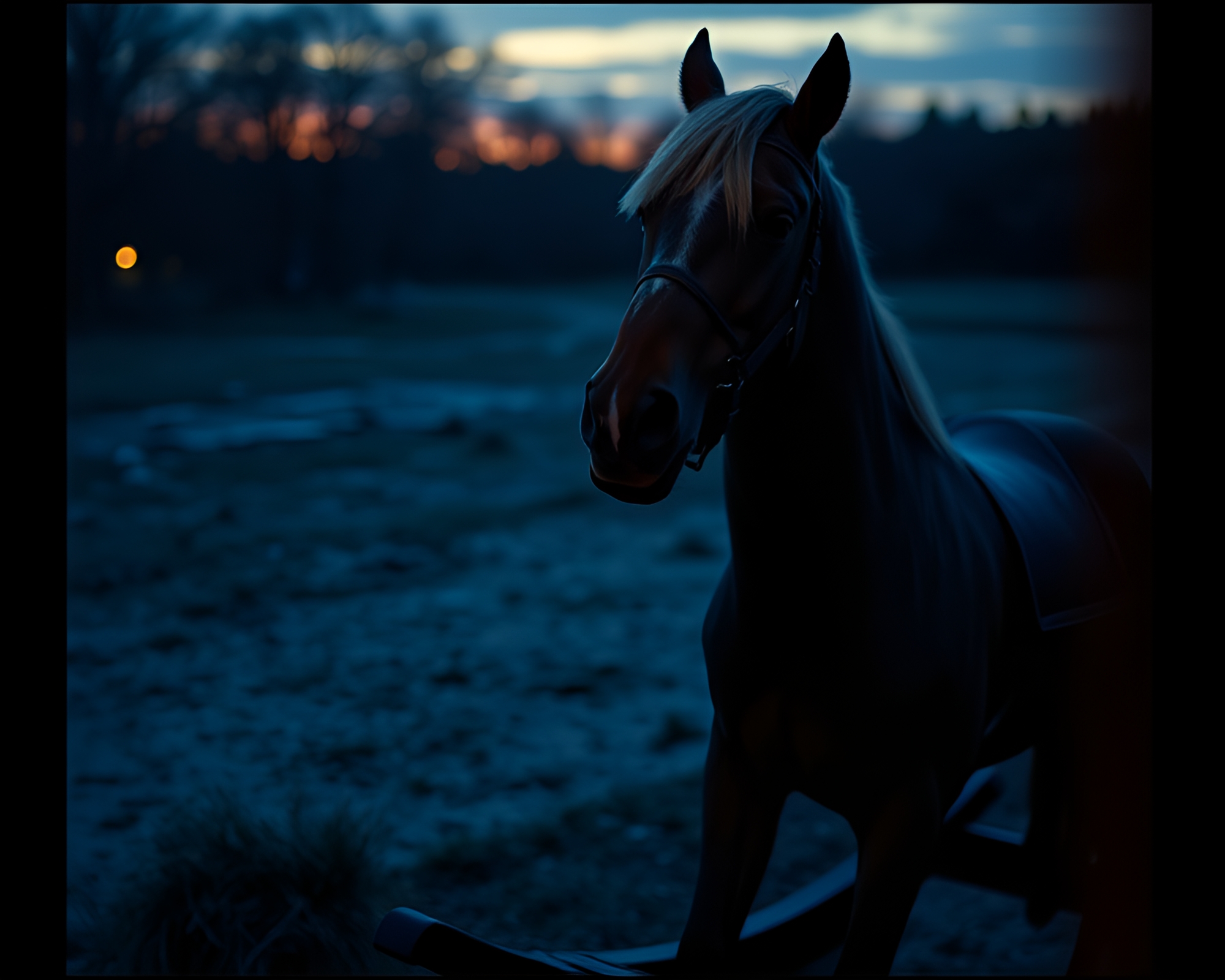 Twilight Wooden Rocking Horse Film Strip Composition – free AI stock image