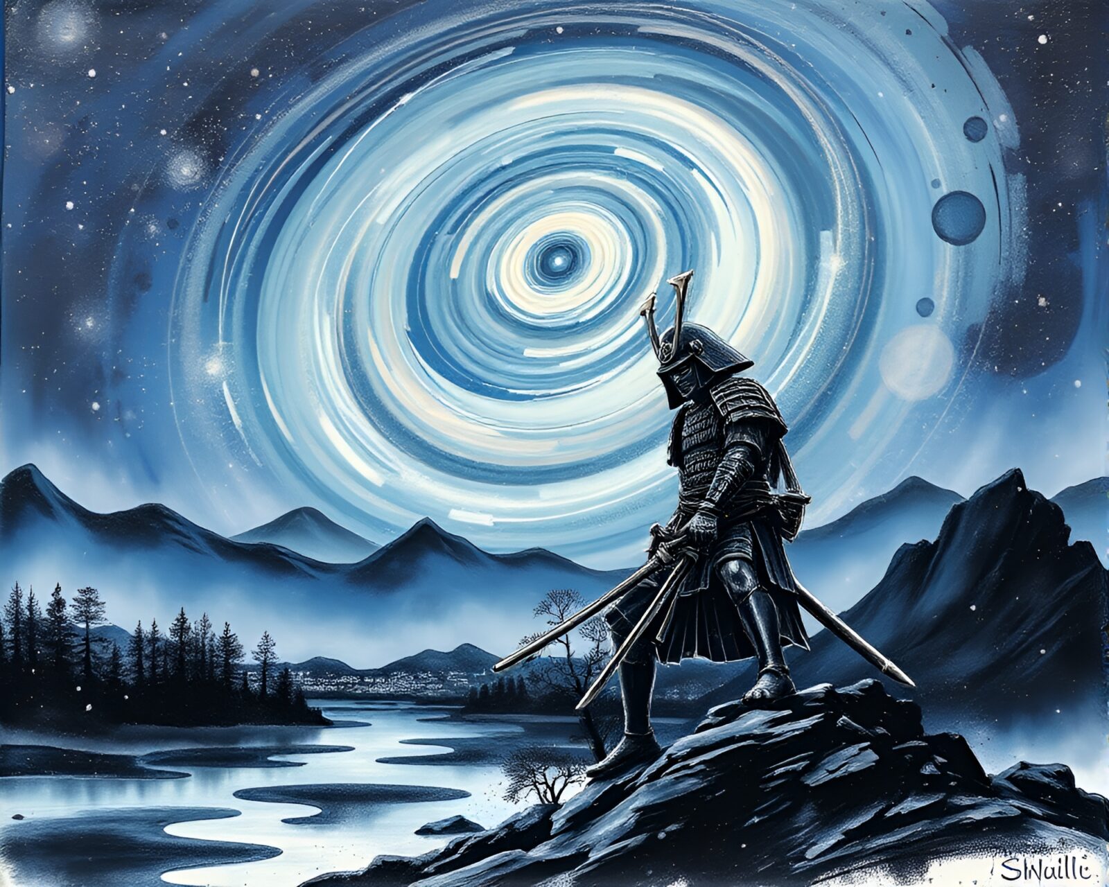 Landscape etching of a samurai surrounded by acrylic spatters and milky way swirl