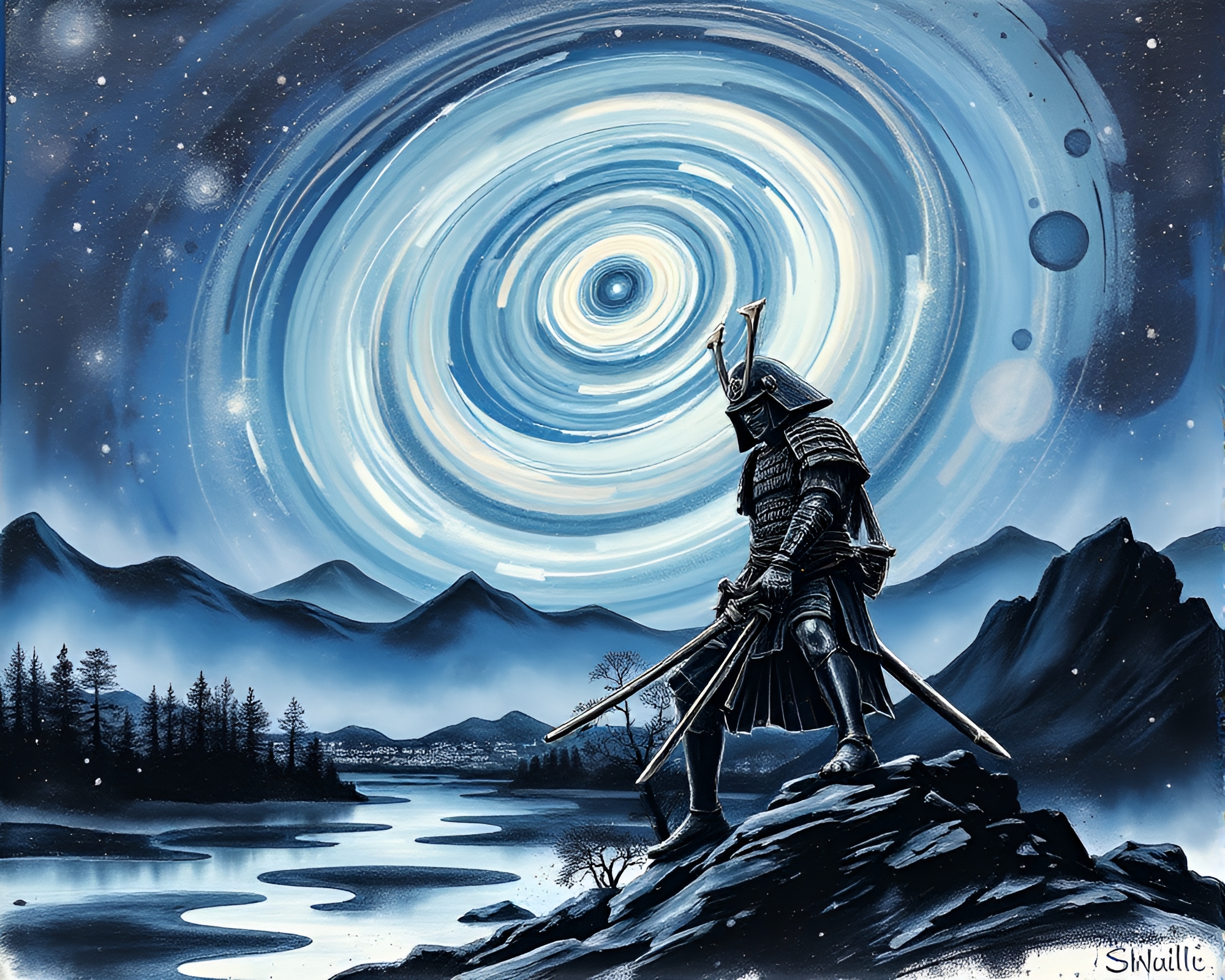 Samurai Warrior Amid Acrylic Spatters under Milky Way – free AI stock image