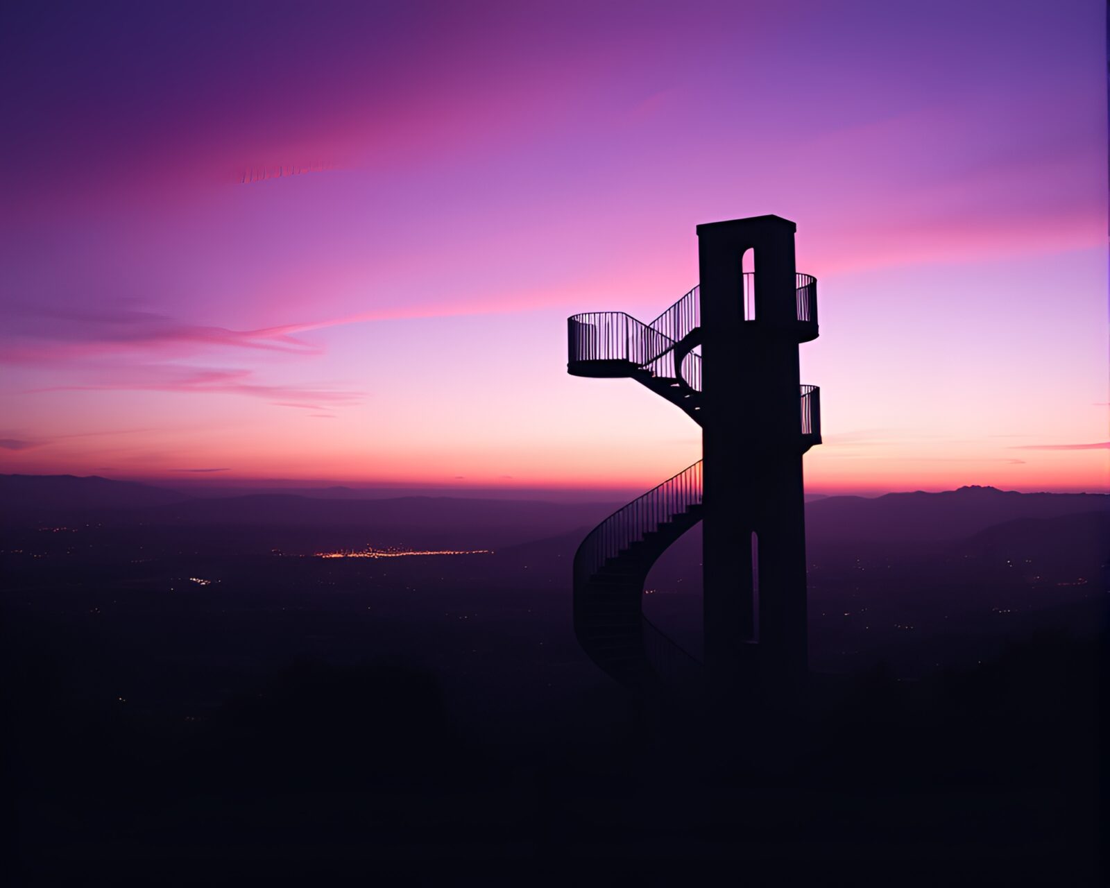 Backlit Escher staircase in dreamy twilight purple hue