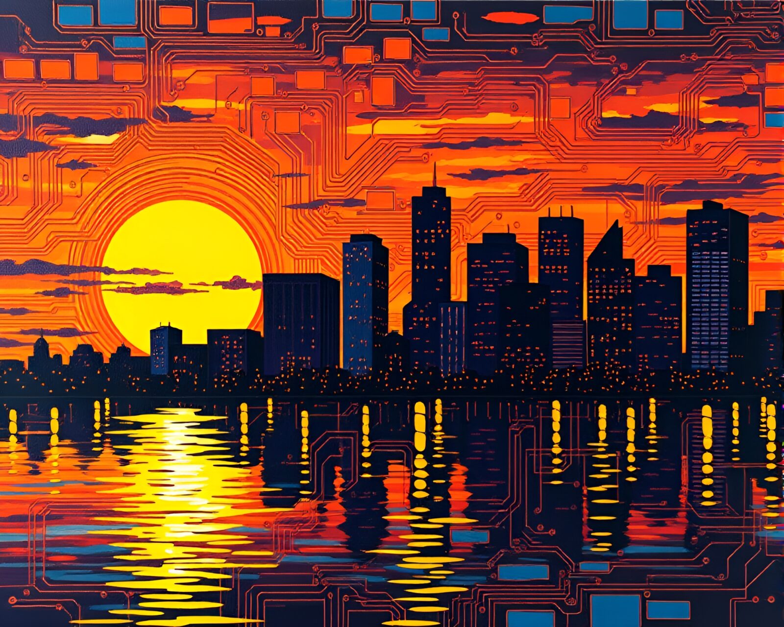 Impressionist painting of a city skyline at sunset with circuit board patterns