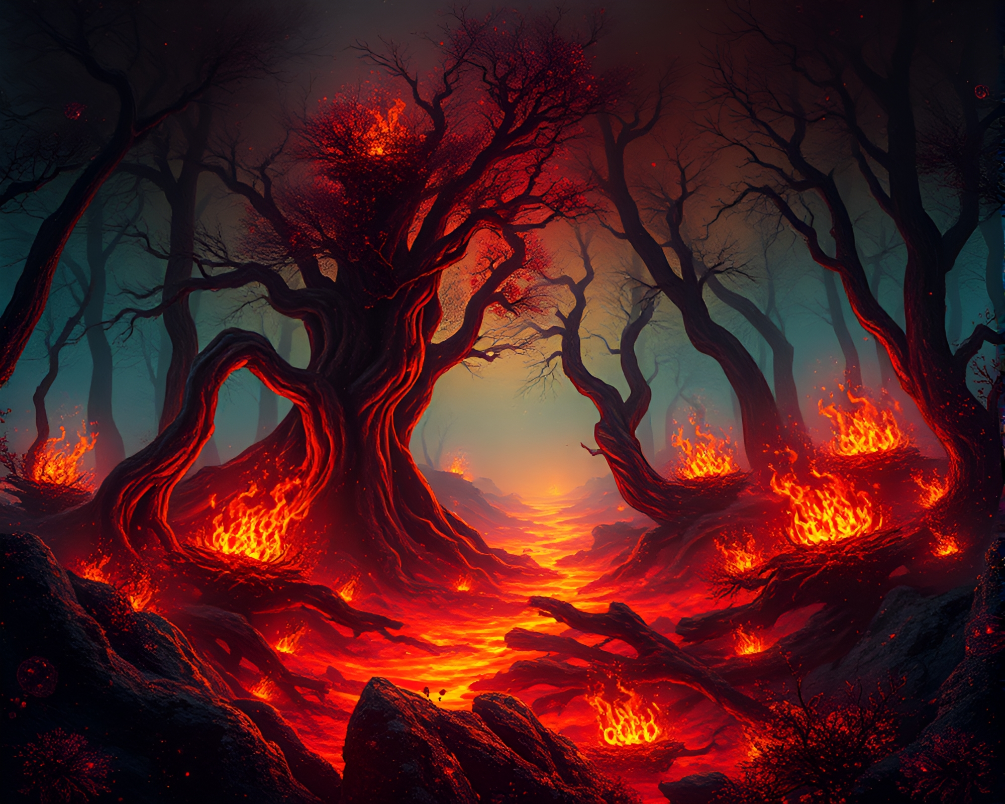 Neon Ancient Grove with Floating Embers – free AI stock image
